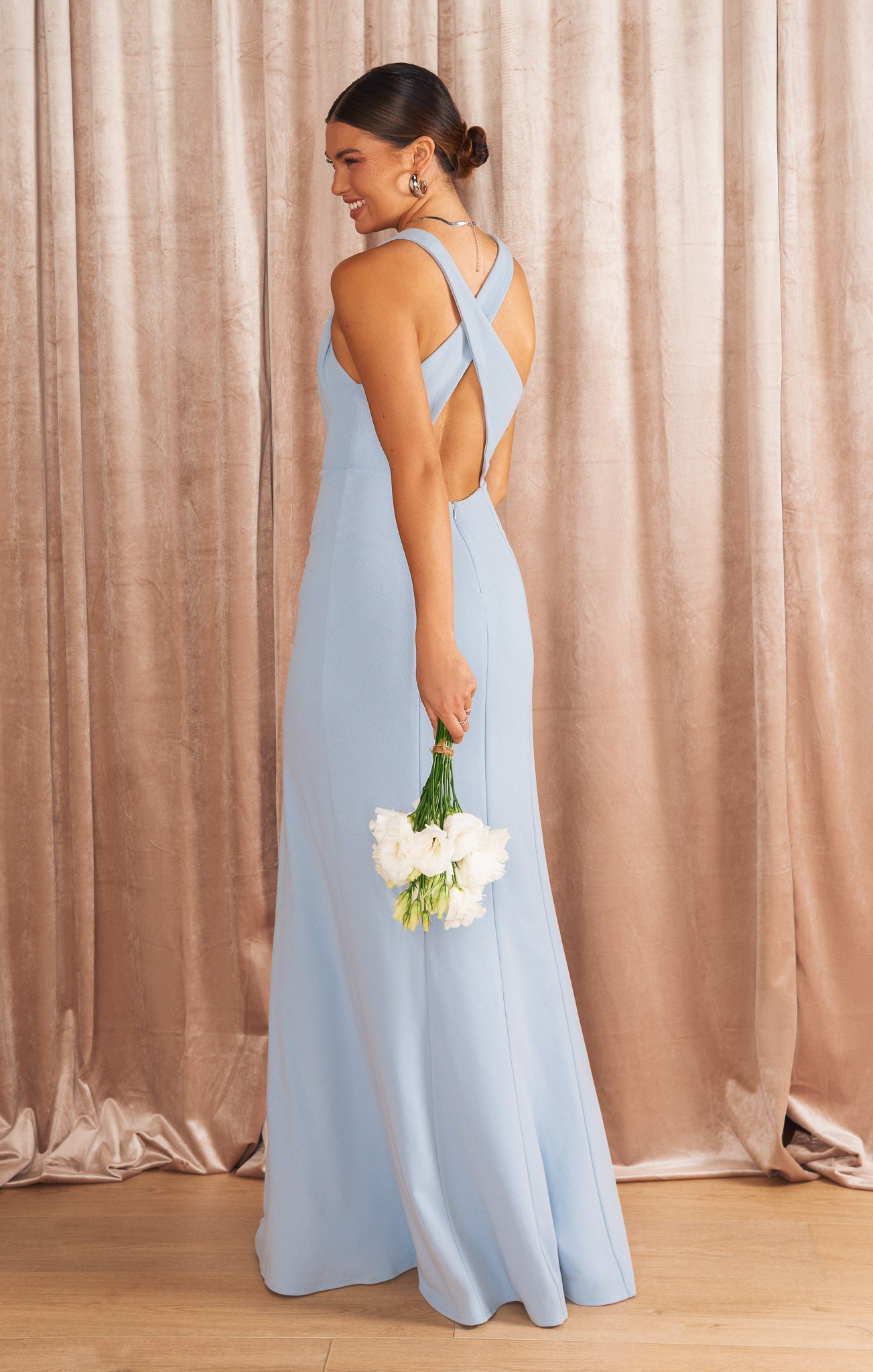 Steel Blue Stretch Maxi Dress with V-Neck & Slit | Rachel