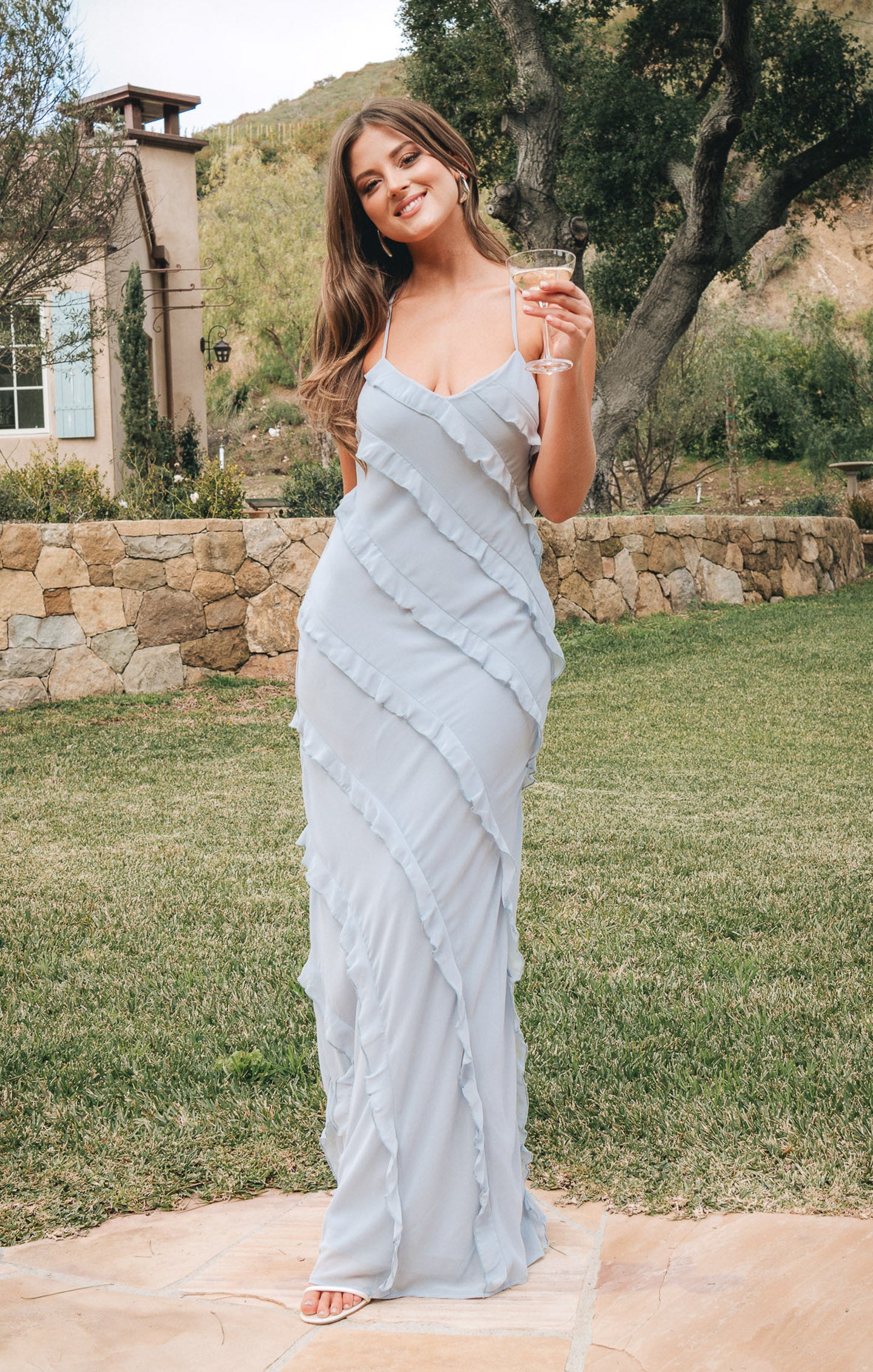 Steel Blue Chiffon Ruffle Maxi Dress for Weddings & Formal Events | Romance