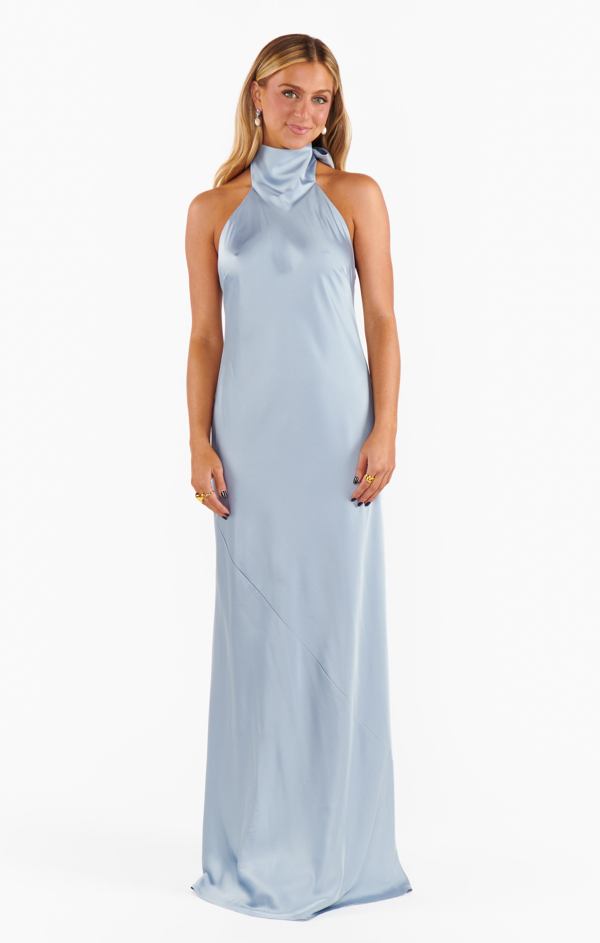 Elegant Halter Neck Maxi Dress for Weddings & Events | Lisa Steel Blue