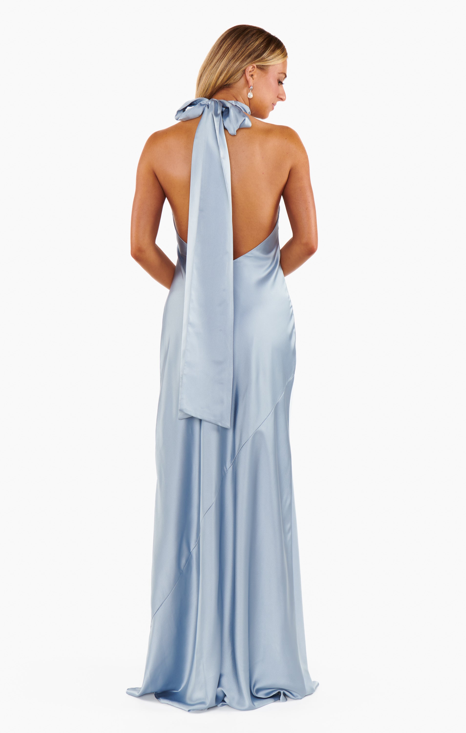 Elegant Halter Neck Maxi Dress for Weddings & Events | Lisa Steel Blue
