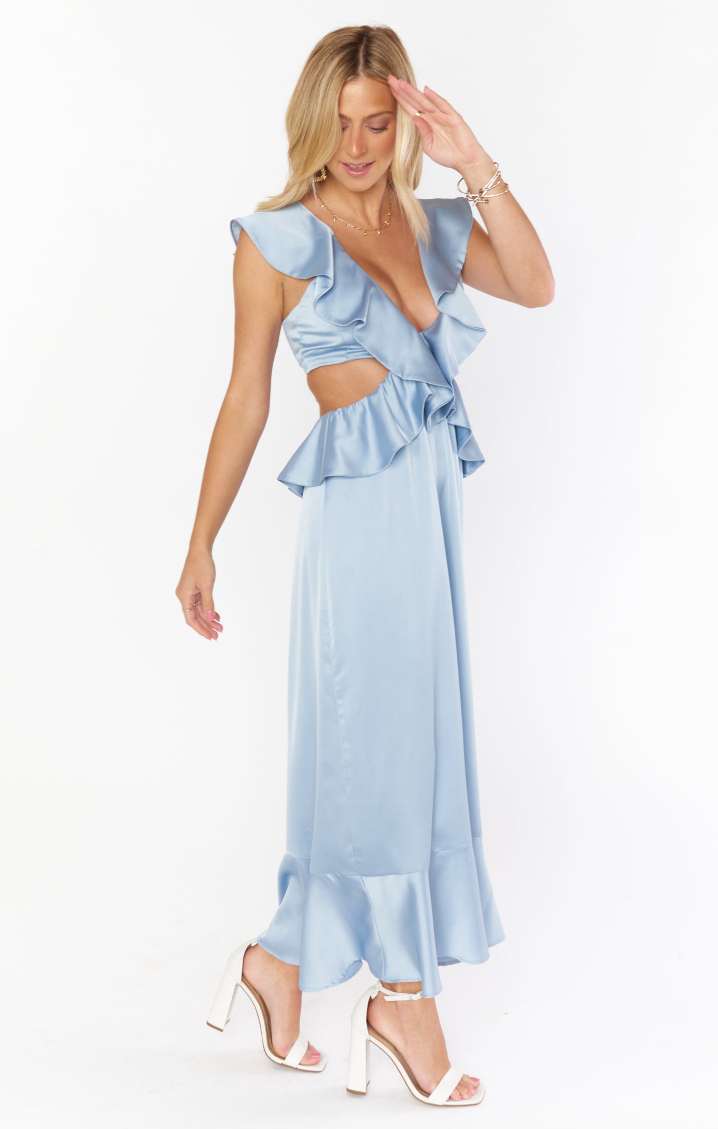 Steel Blue Satin Midi Dress with Ruffled Bodice & Cutouts | Zoey