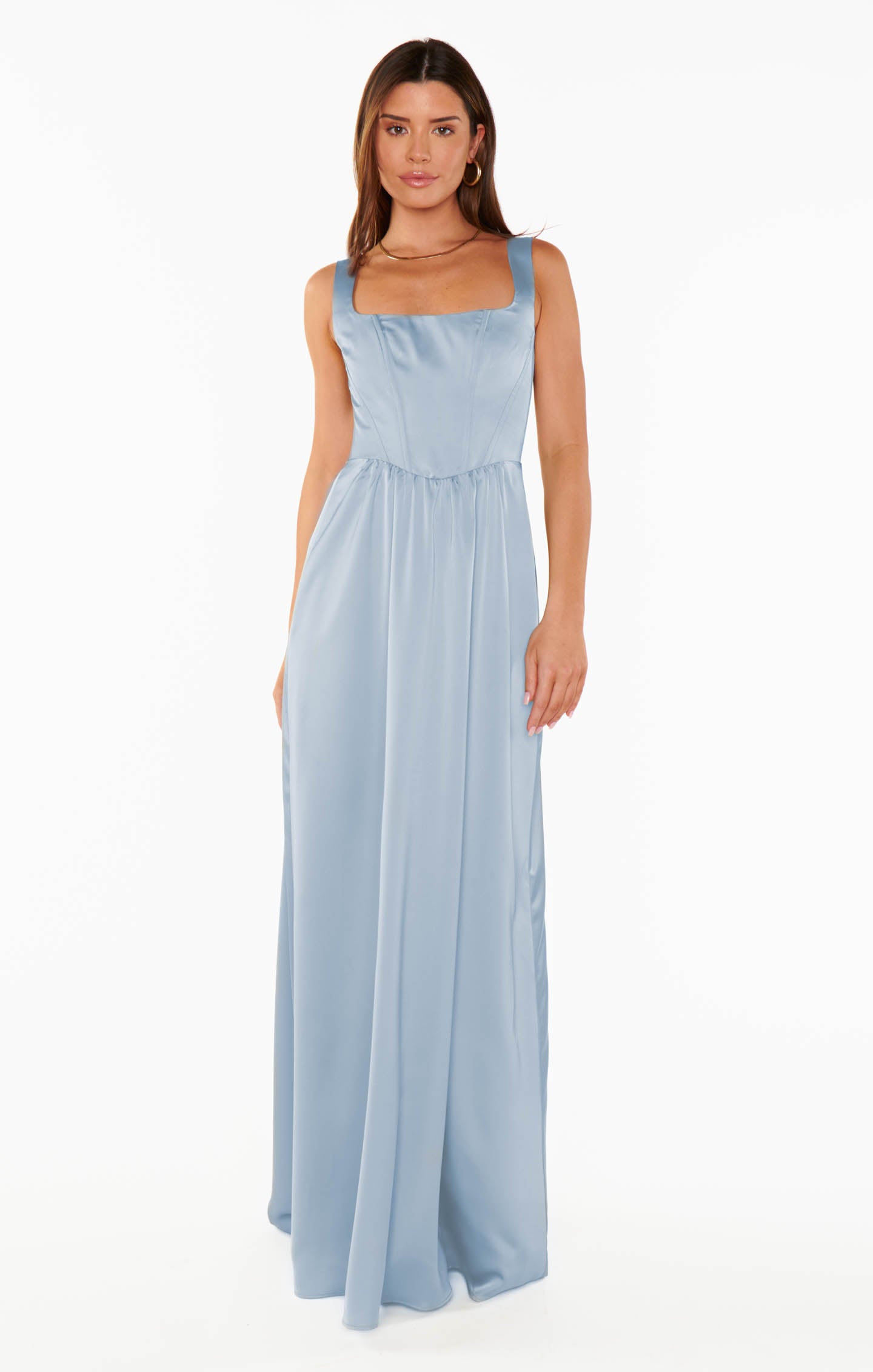 Steel Blue Satin Maxi Dress with Corset Bodice & Smocked Back | Nina