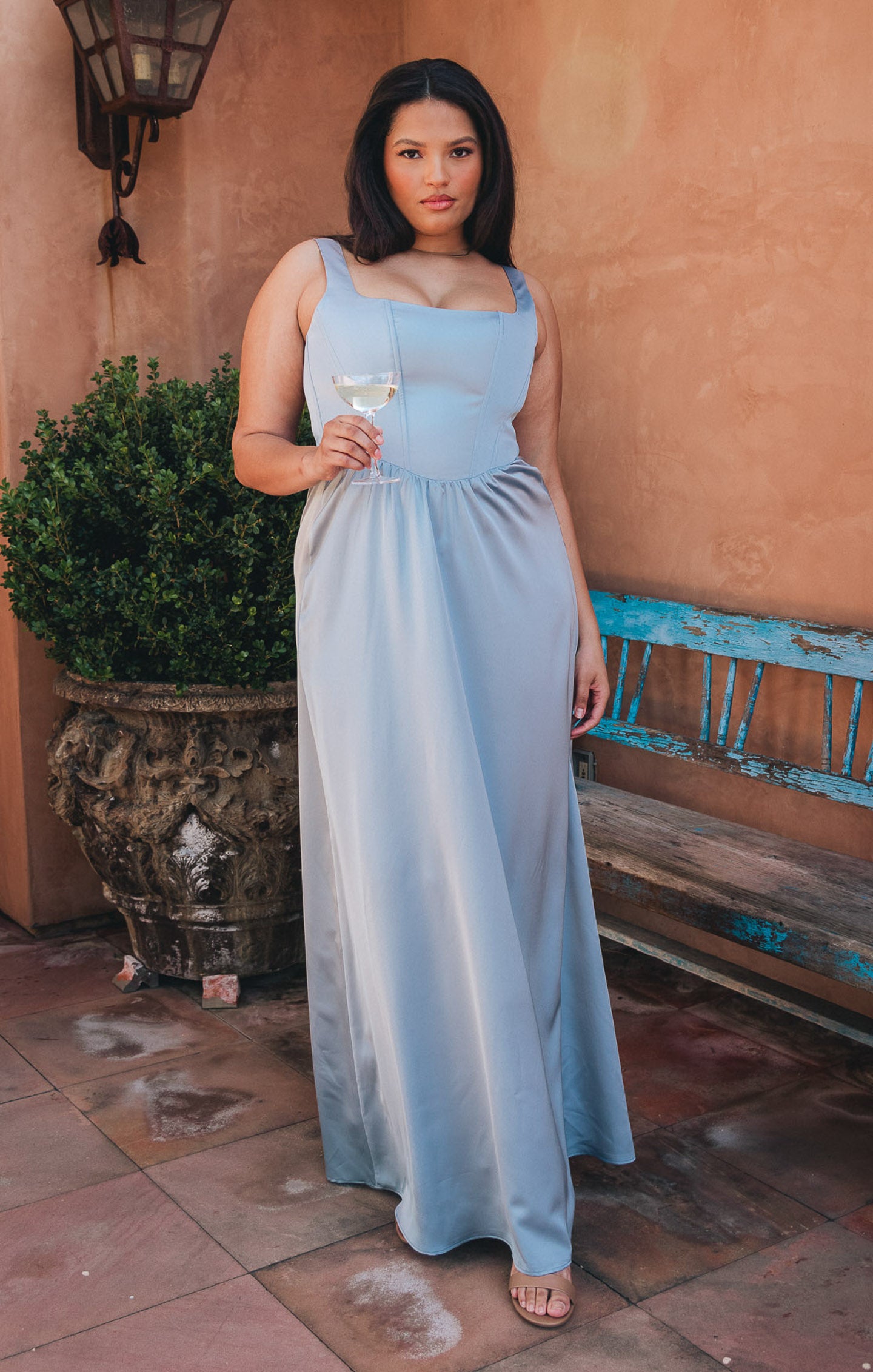 Steel Blue Satin Maxi Dress with Corset Bodice & Smocked Back | Nina