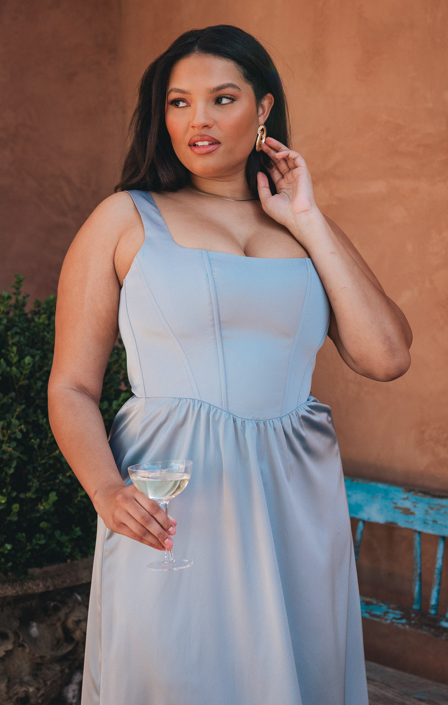Steel Blue Satin Maxi Dress with Corset Bodice & Smocked Back | Nina