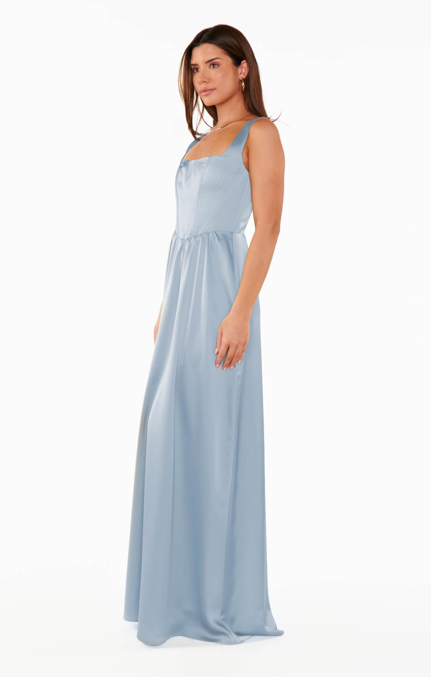 Steel Blue Satin Maxi Dress with Corset Bodice & Smocked Back | Nina