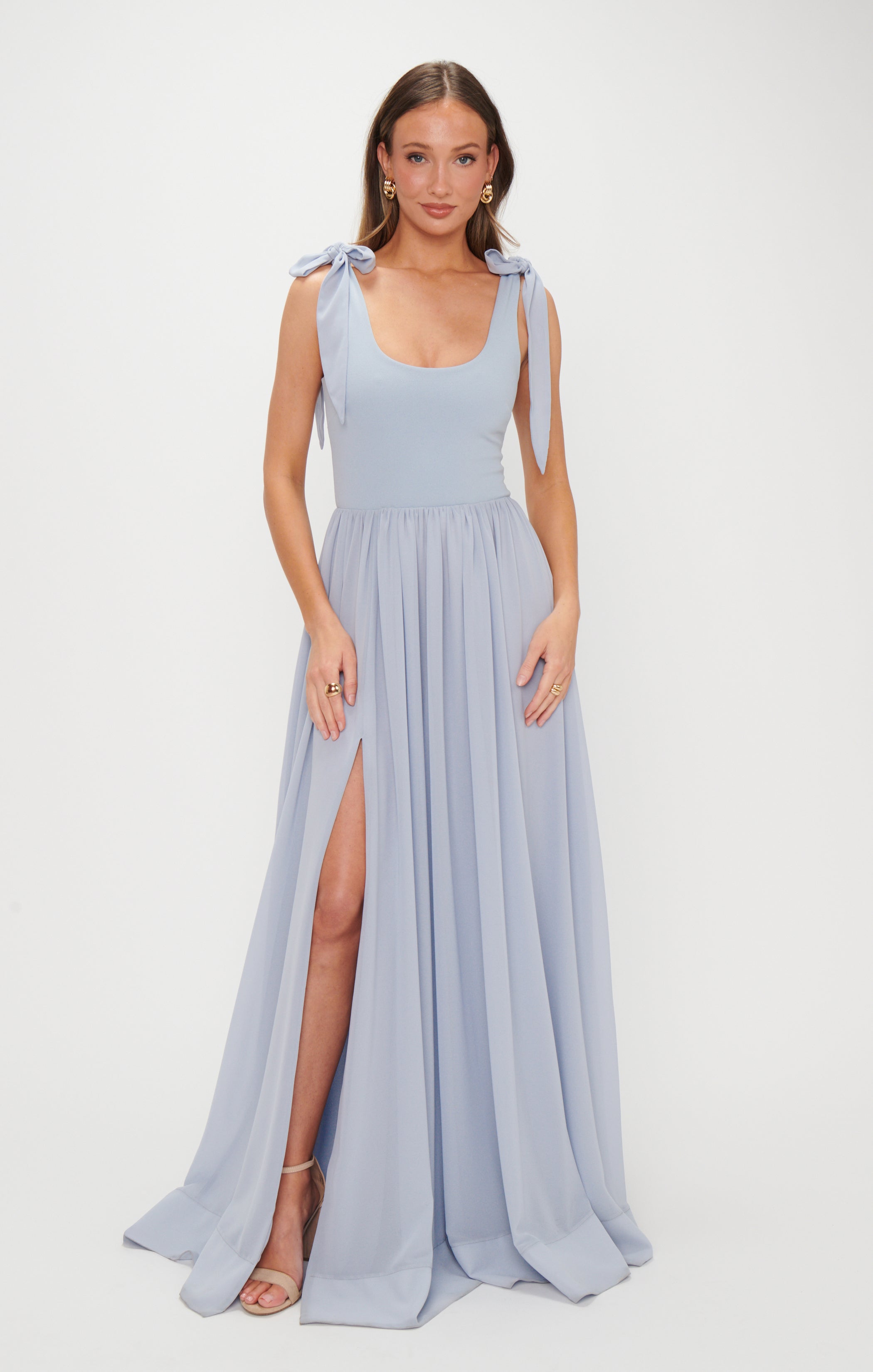 Steel Blue Chiffon Maxi Dress with Detachable Bows | Harper