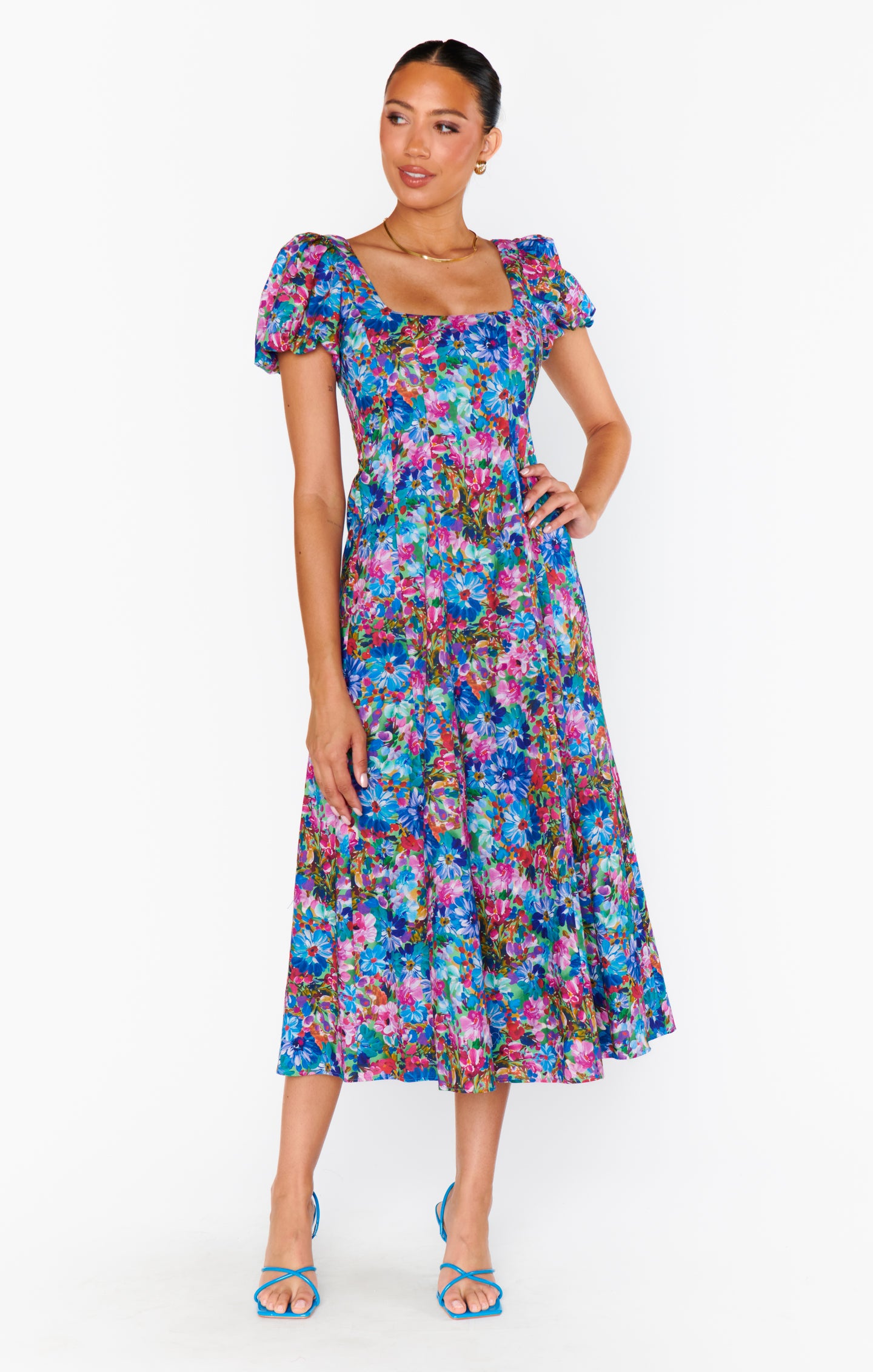 Floral Midi Dress with Poof Sleeves & Smocked Back | Mia