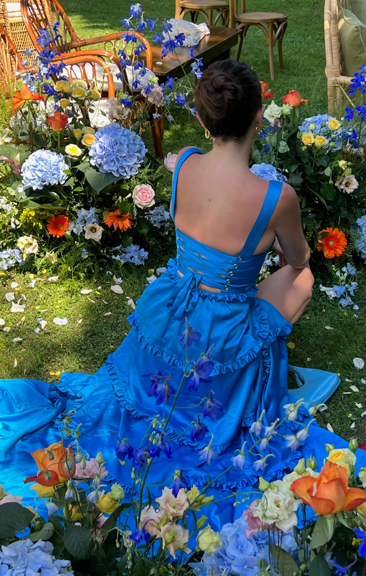 Blue Satin Corset Dress with Slit | Lady Luxe