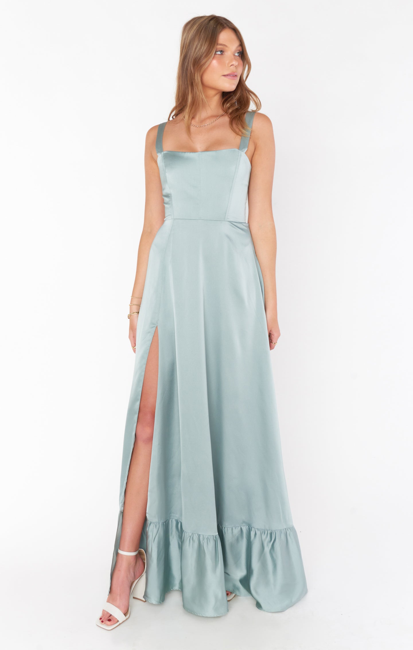 Silver Sage Luxe Satin Corset Dress with Side Slit | Clarissa