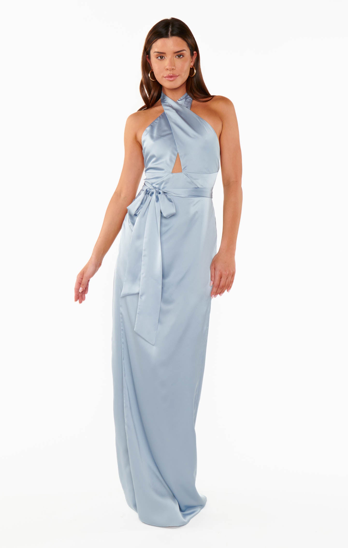 Steel Blue Luxe Satin Halter Maxi Dress | Adele
