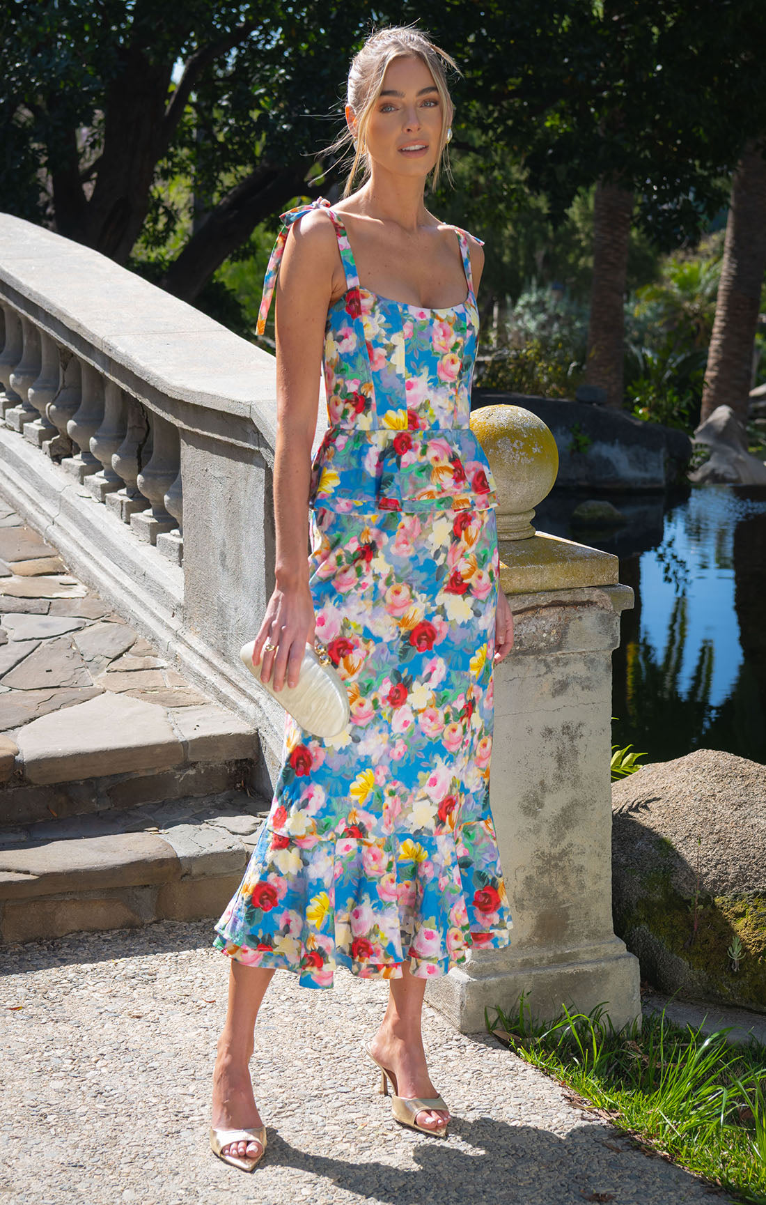 Peplum Dress with Tie Shoulder Straps & Ruffled Hem | Blissful Garden Gala