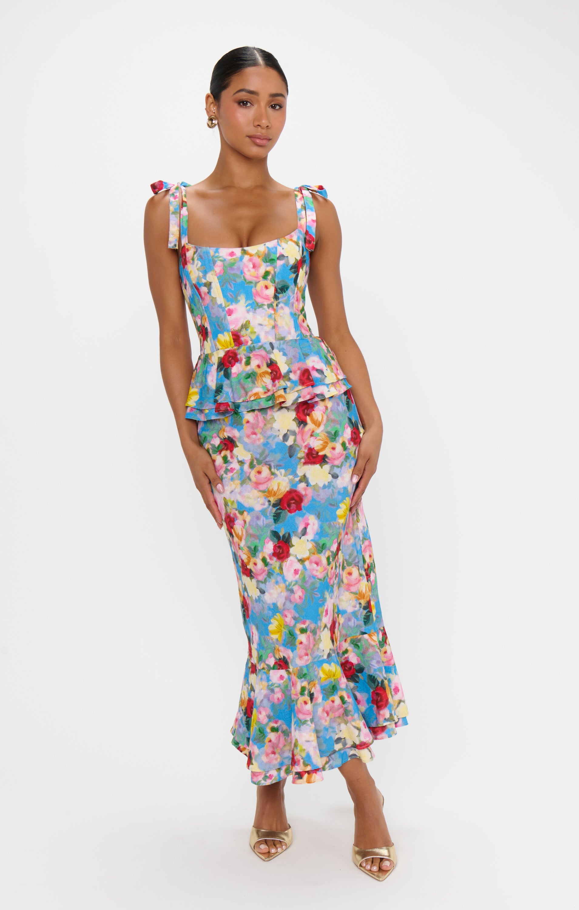 Peplum Dress with Tie Shoulder Straps & Ruffled Hem | Blissful Garden Gala