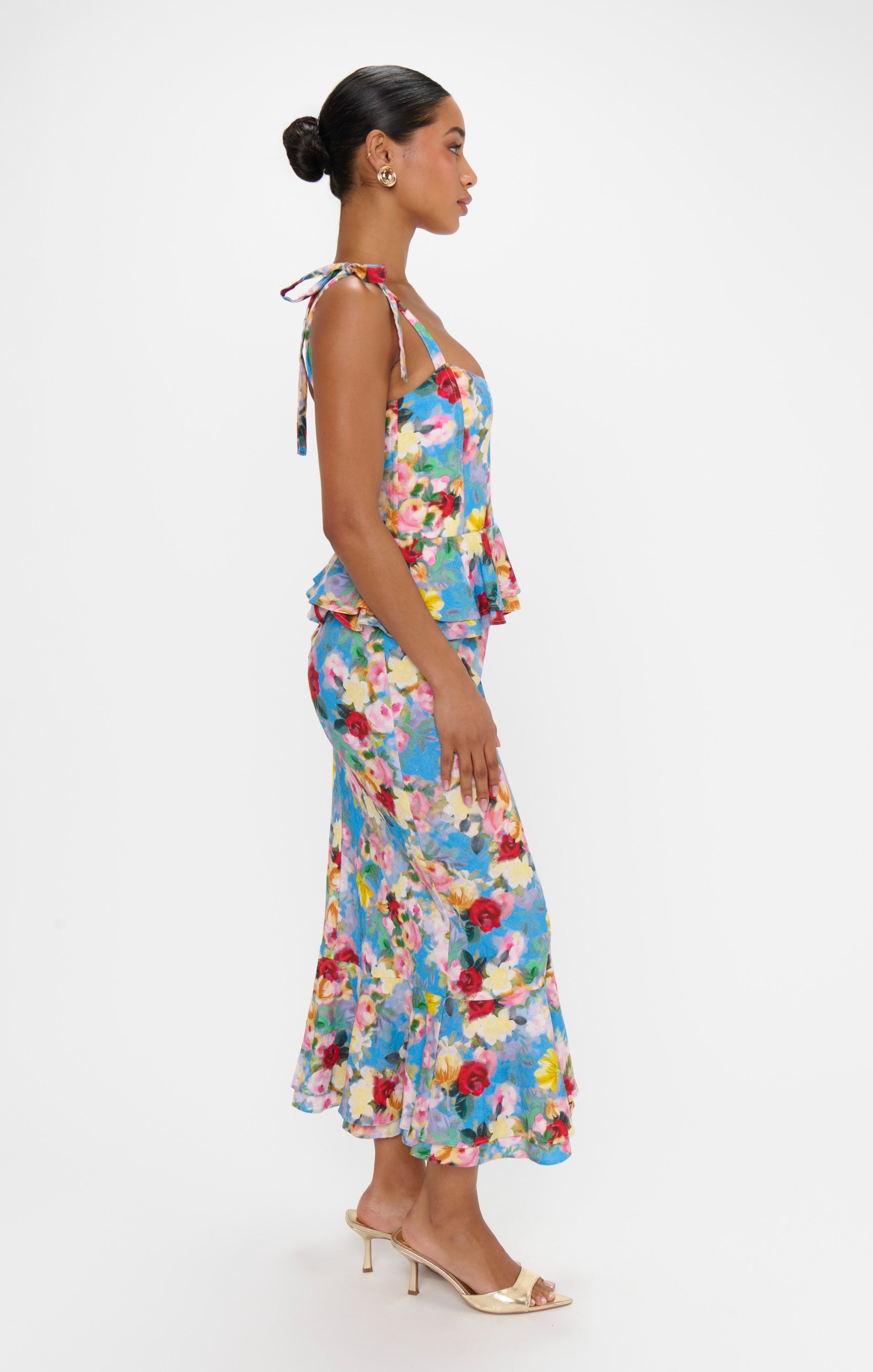 Peplum Dress with Tie Shoulder Straps & Ruffled Hem | Blissful Garden Gala