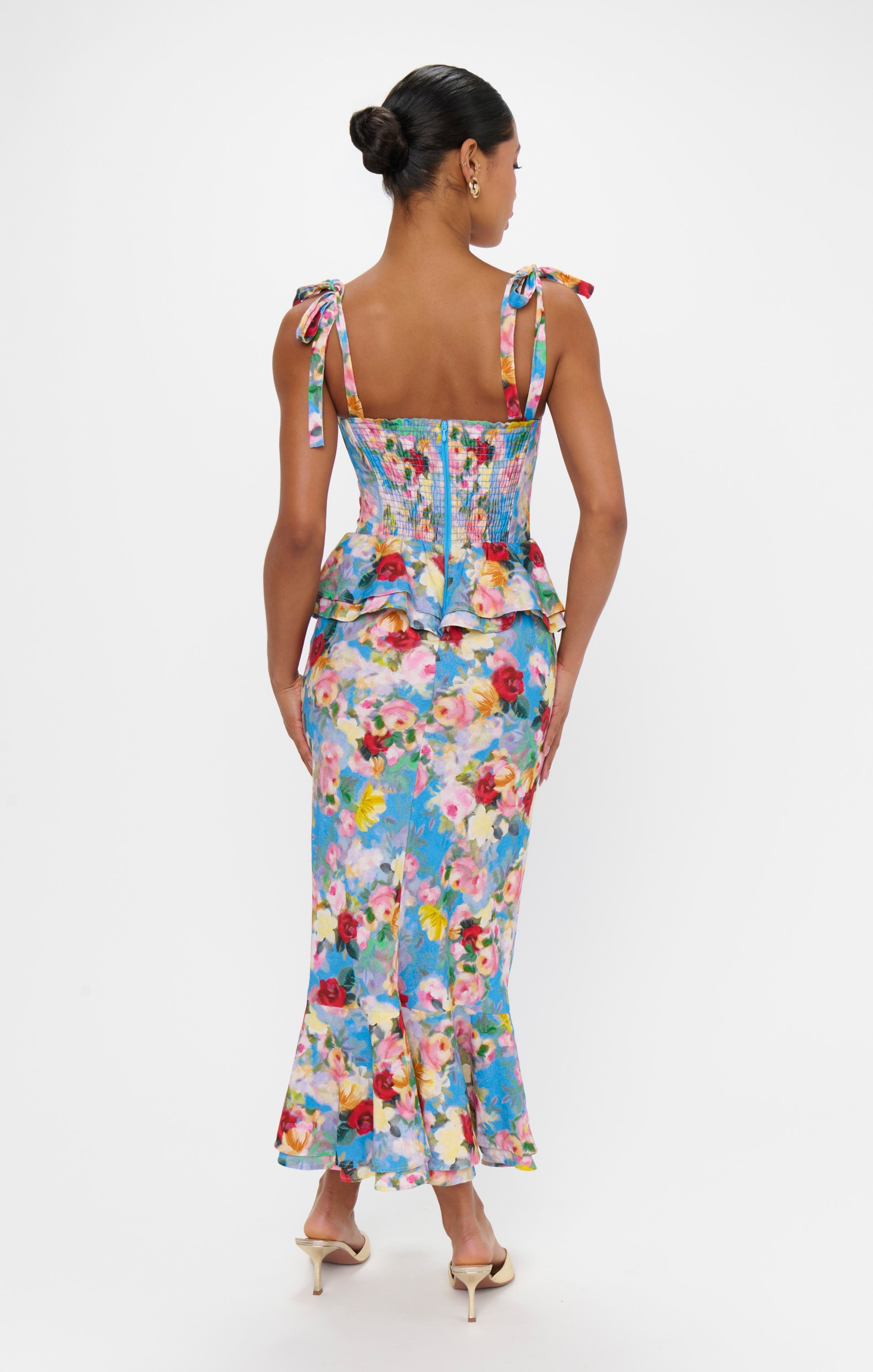 Peplum Dress with Tie Shoulder Straps & Ruffled Hem | Blissful Garden Gala