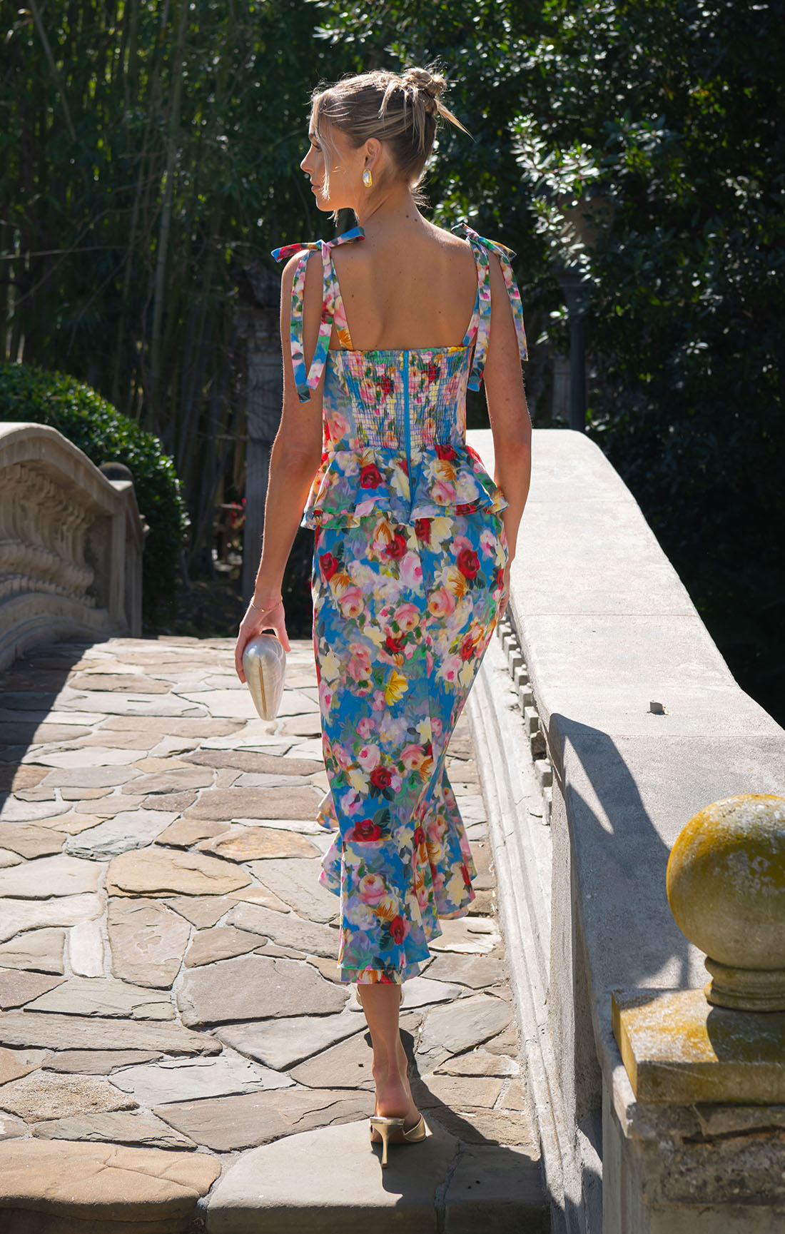 Peplum Dress with Tie Shoulder Straps & Ruffled Hem | Blissful Garden Gala