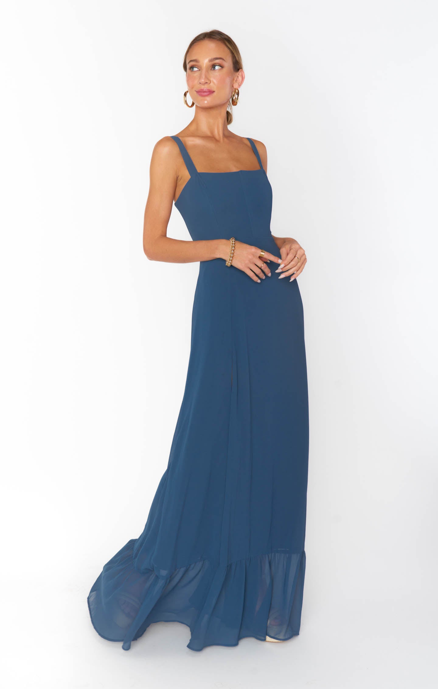 Slate Blue Chiffon Corset Dress with Side Slit | Clarissa