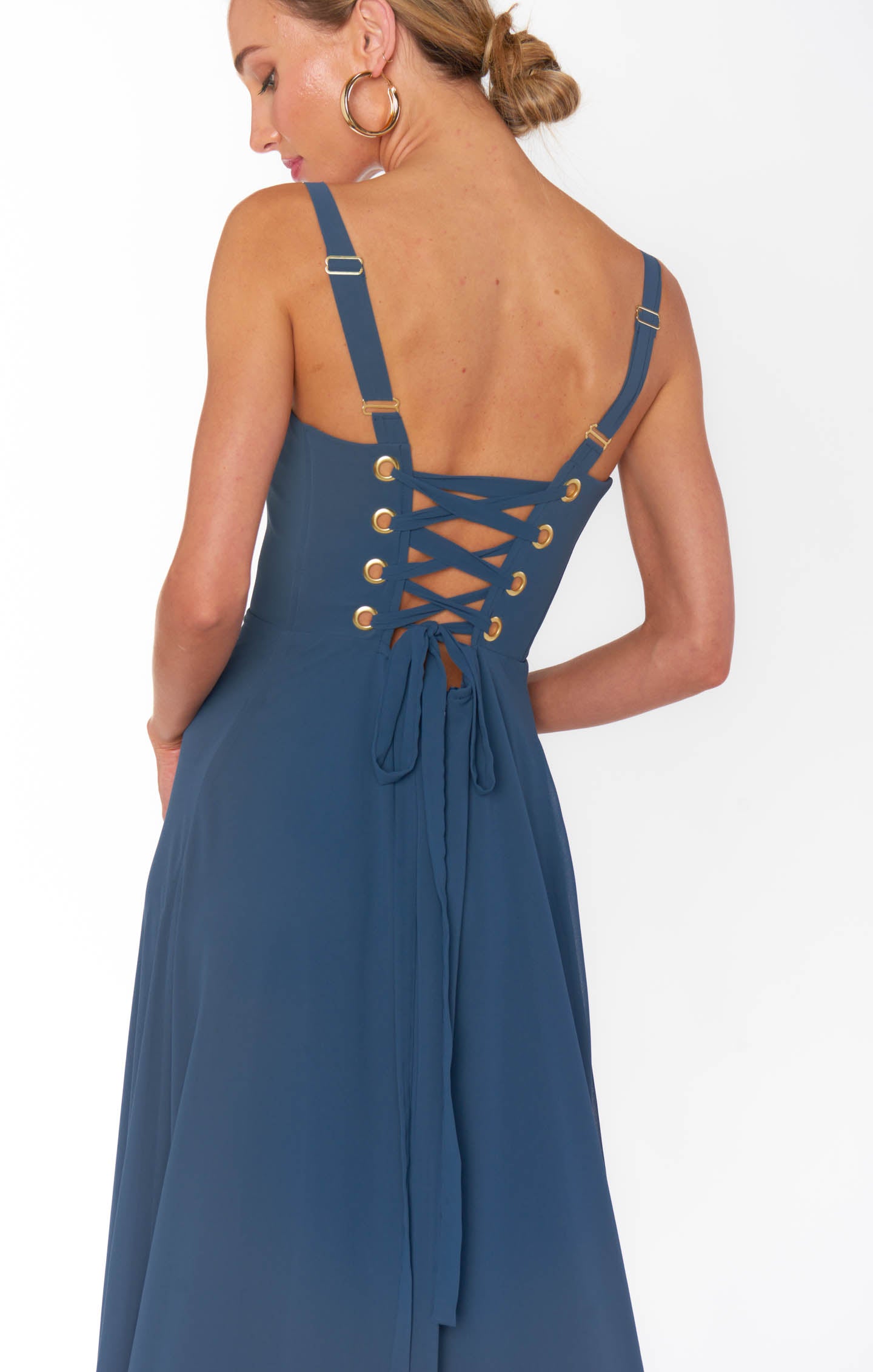 Slate Blue Chiffon Corset Dress with Side Slit | Clarissa