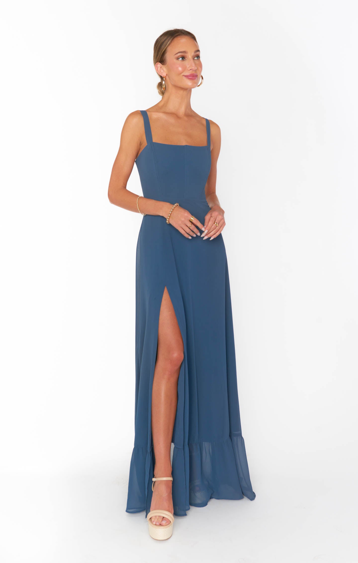 Slate Blue Chiffon Corset Dress with Side Slit | Clarissa