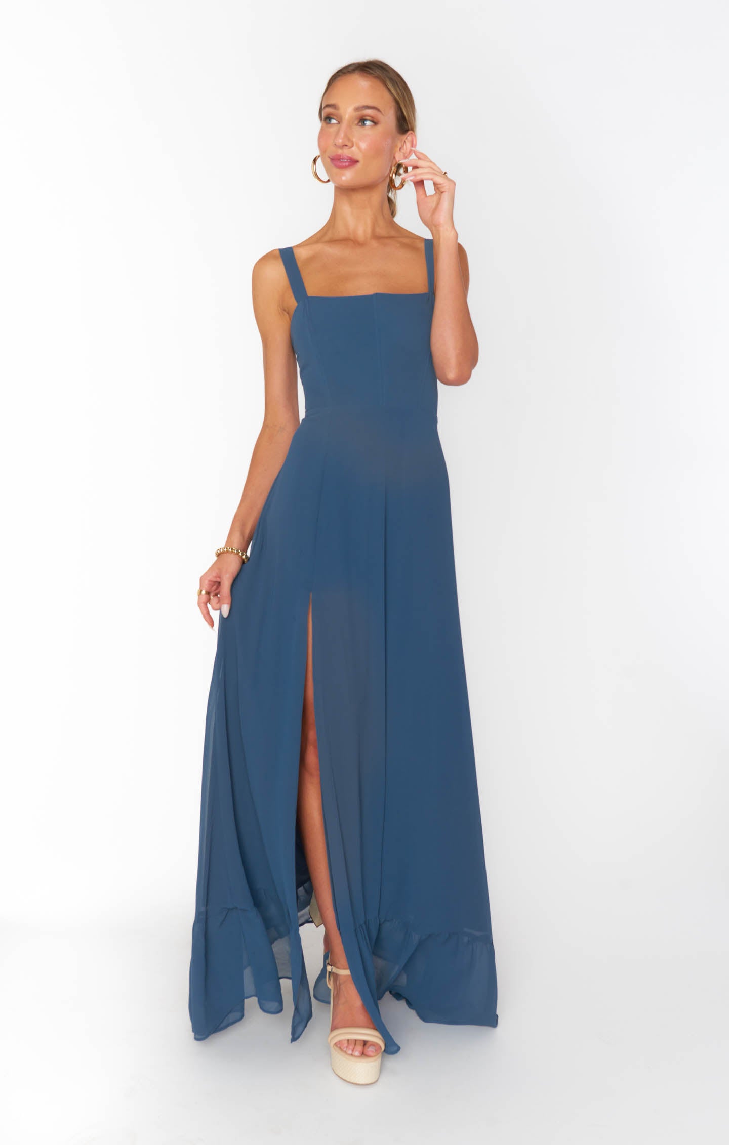 Slate Blue Chiffon Corset Dress with Side Slit | Clarissa