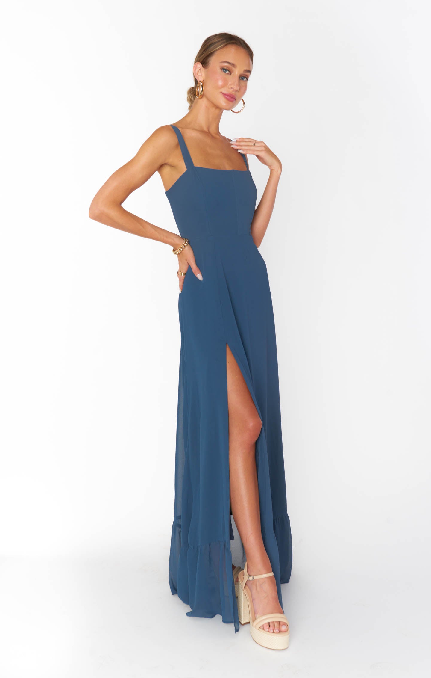 Slate Blue Chiffon Corset Dress with Side Slit | Clarissa