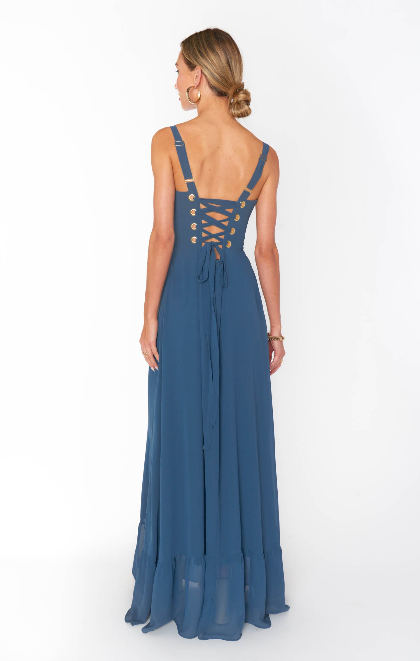 Slate Blue Chiffon Corset Dress with Side Slit | Clarissa
