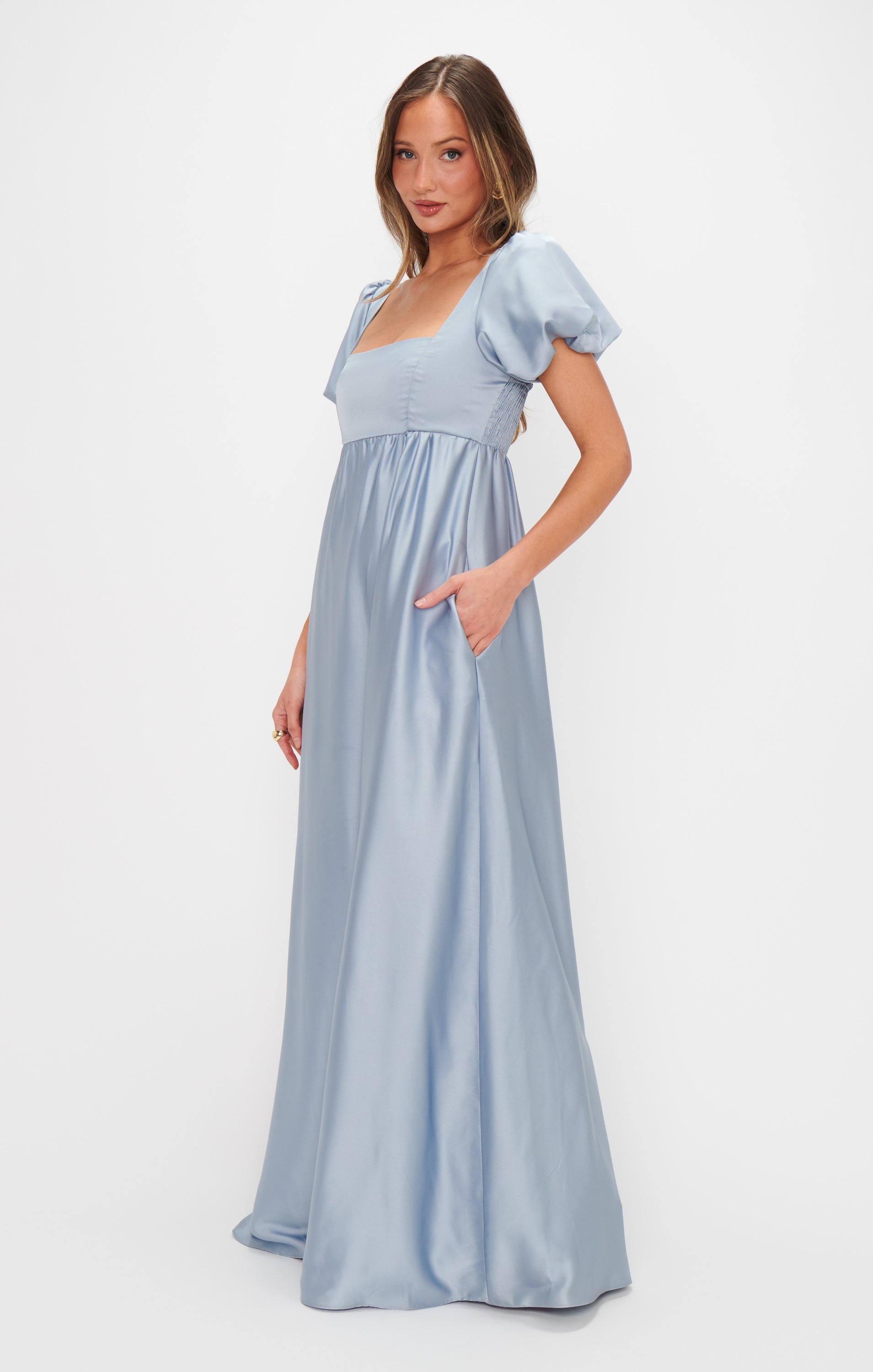 Steel Blue Satin Maxi Dress with Square Neck & Smocked Back | Nora