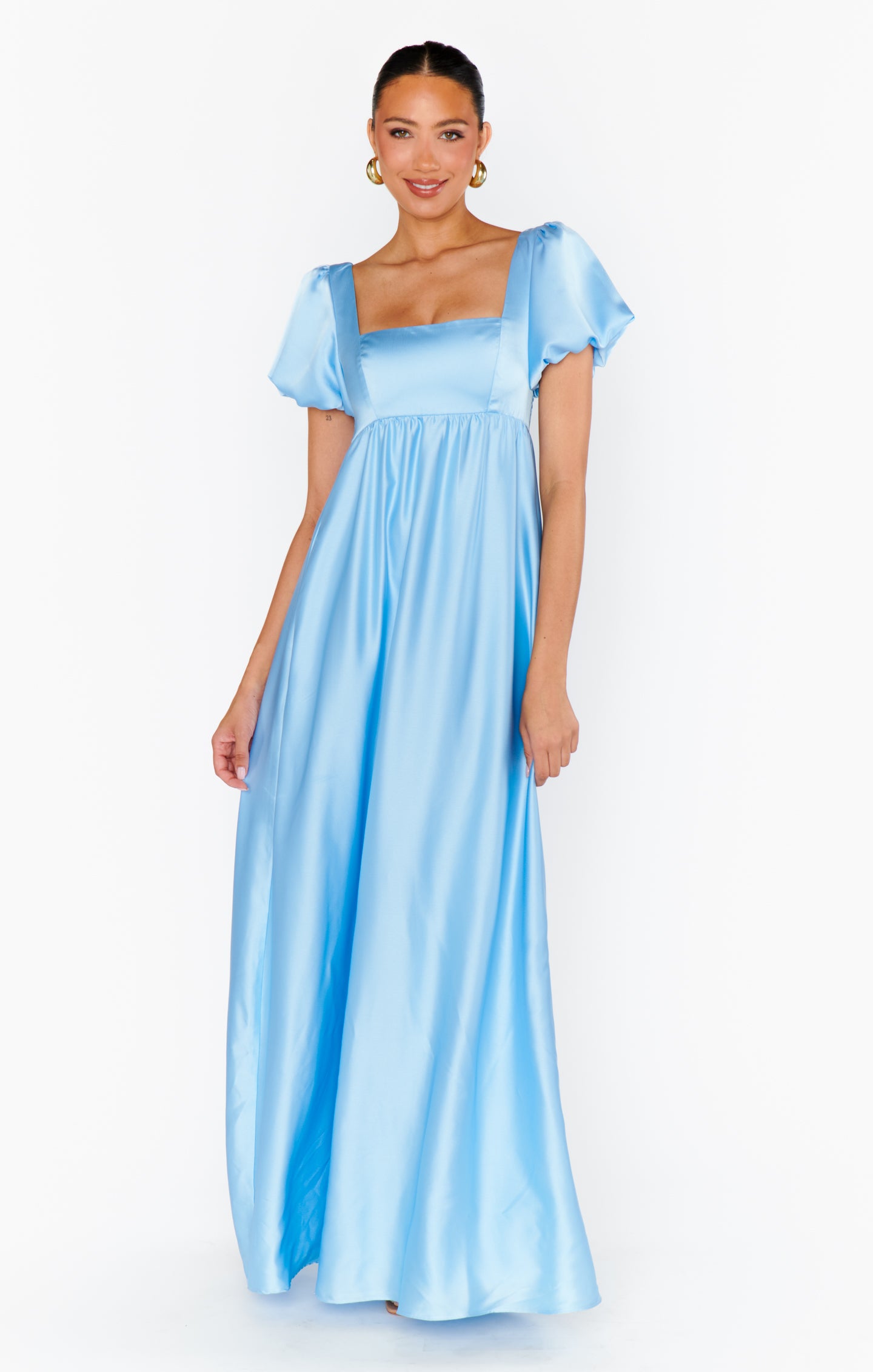 Baby Blue Satin Maxi Dress with Square Neckline & Smocked Back | Nora