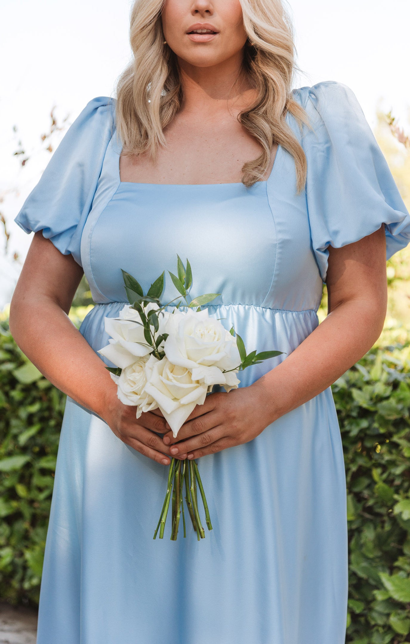 Baby Blue Satin Maxi Dress with Square Neckline & Smocked Back | Nora