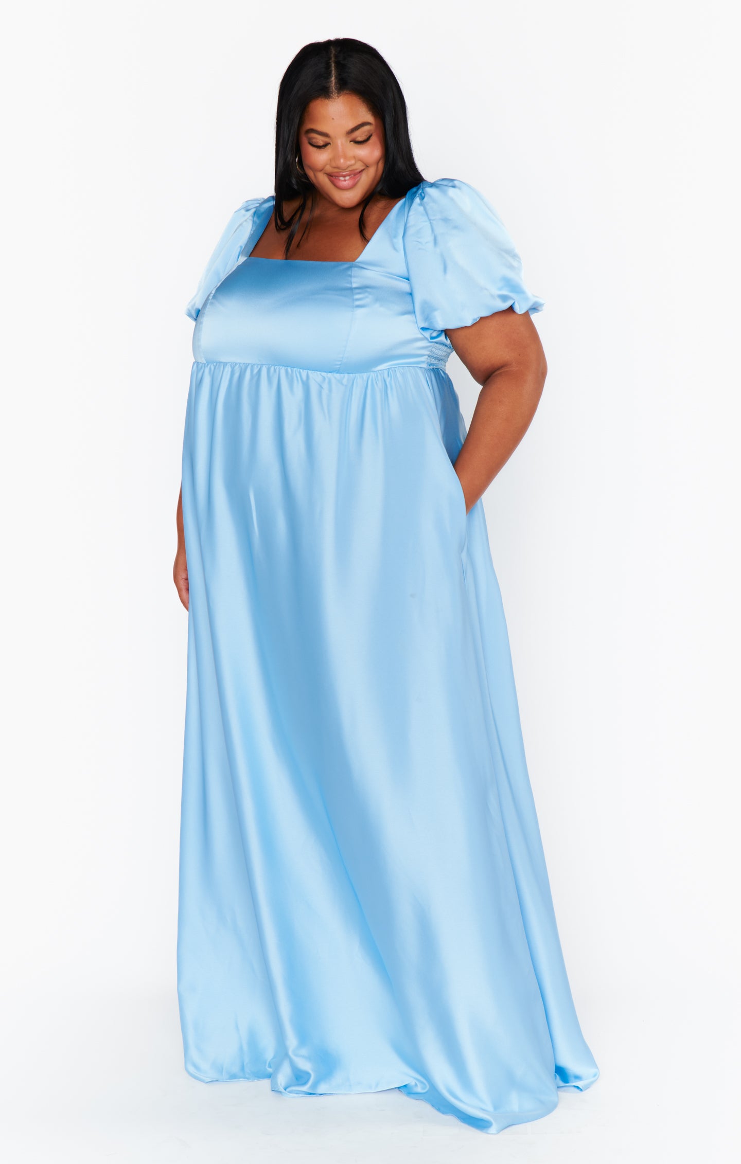 Baby Blue Satin Maxi Dress with Square Neckline & Smocked Back | Nora