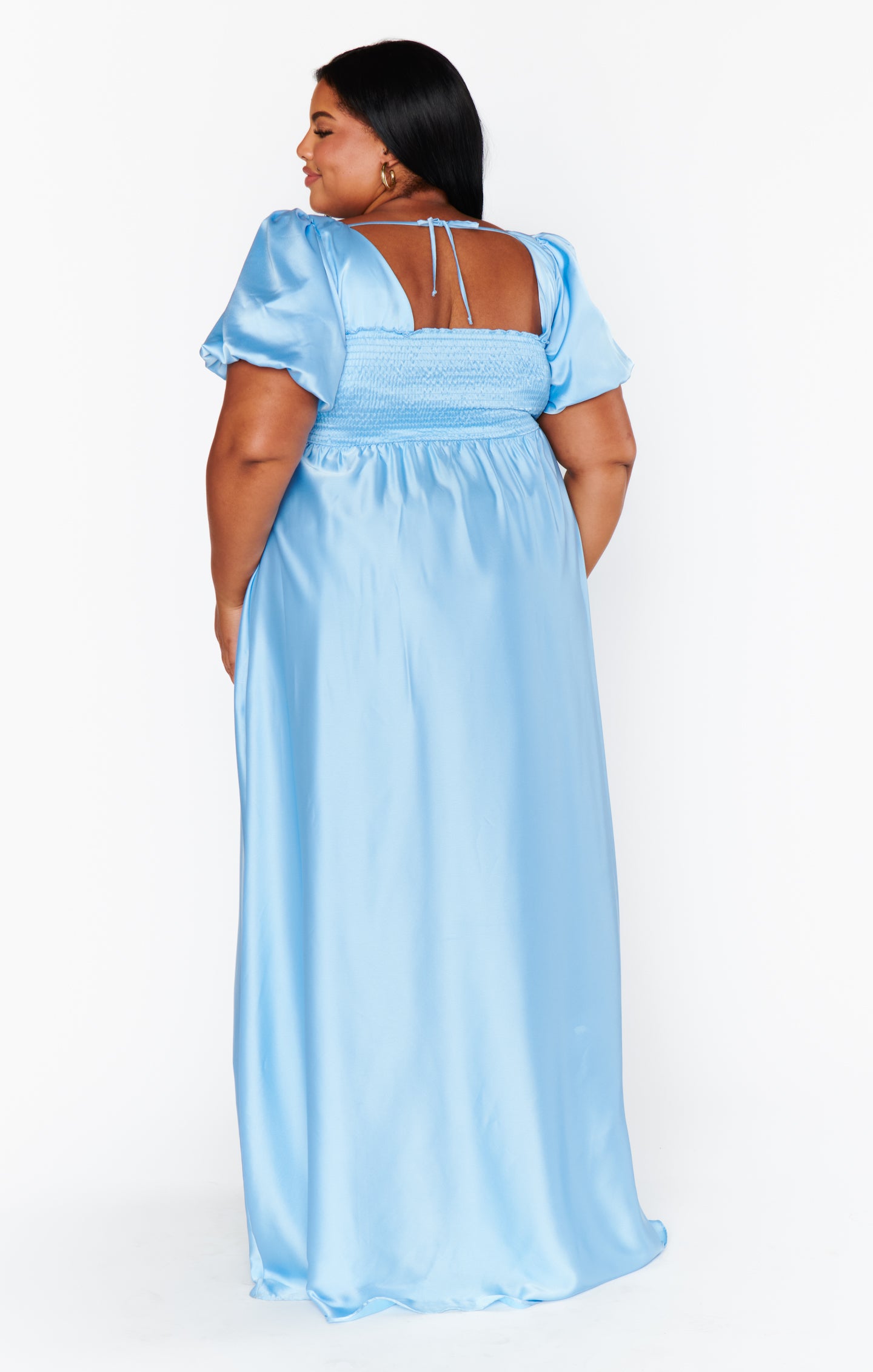 Baby Blue Satin Maxi Dress with Square Neckline & Smocked Back | Nora