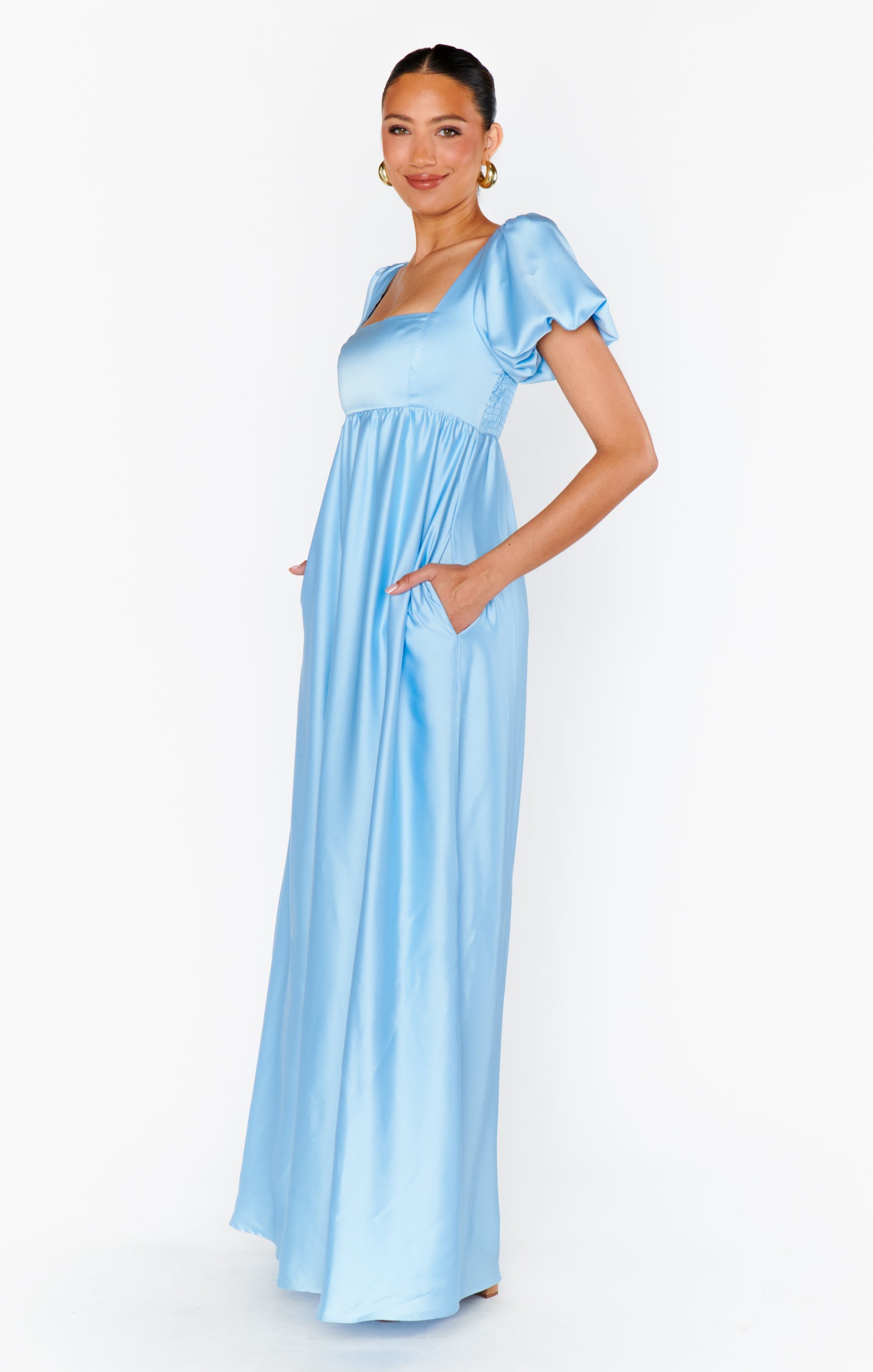 Baby Blue Satin Maxi Dress with Square Neckline & Smocked Back | Nora