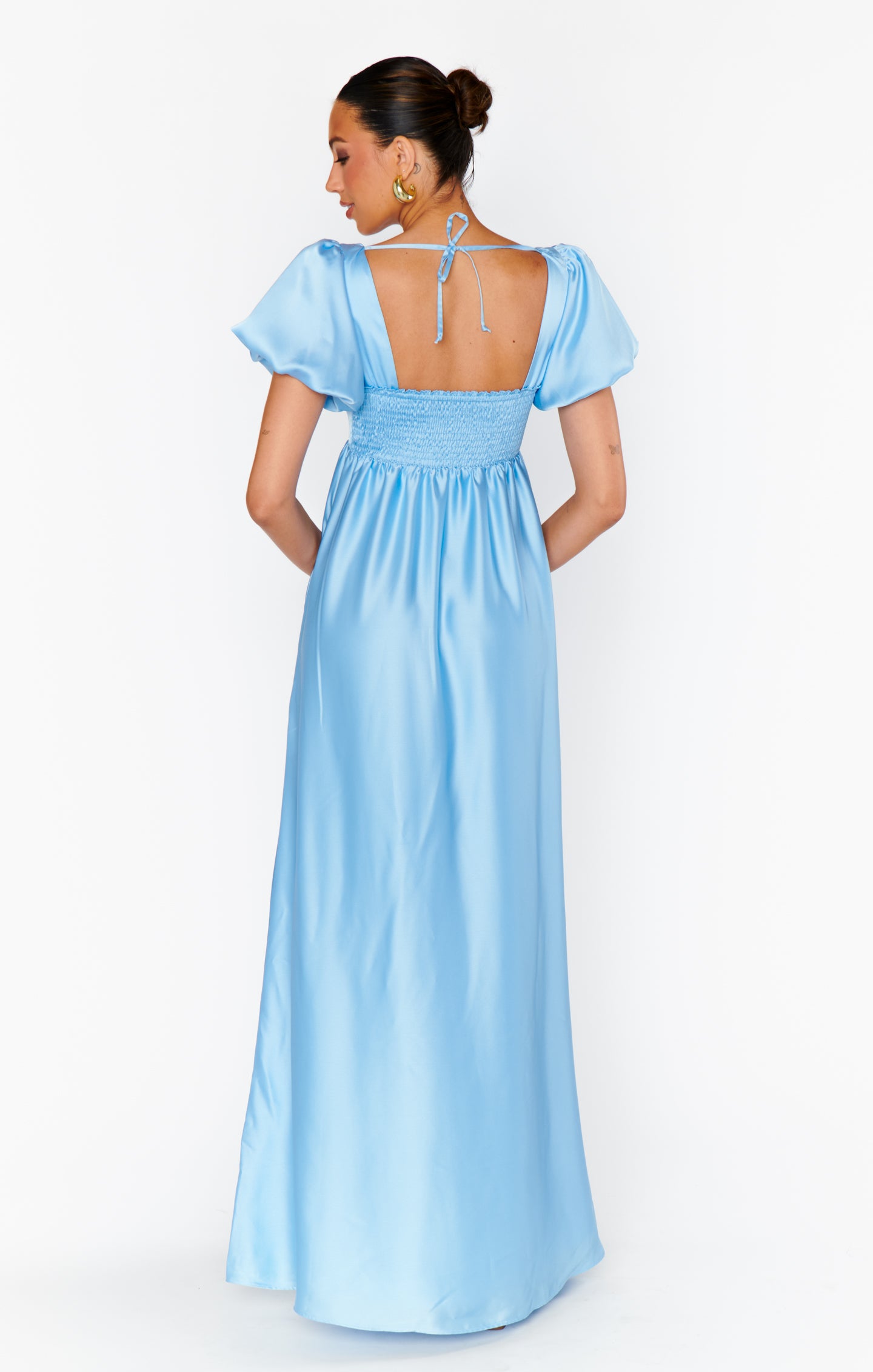 Baby Blue Satin Maxi Dress with Square Neckline & Smocked Back | Nora