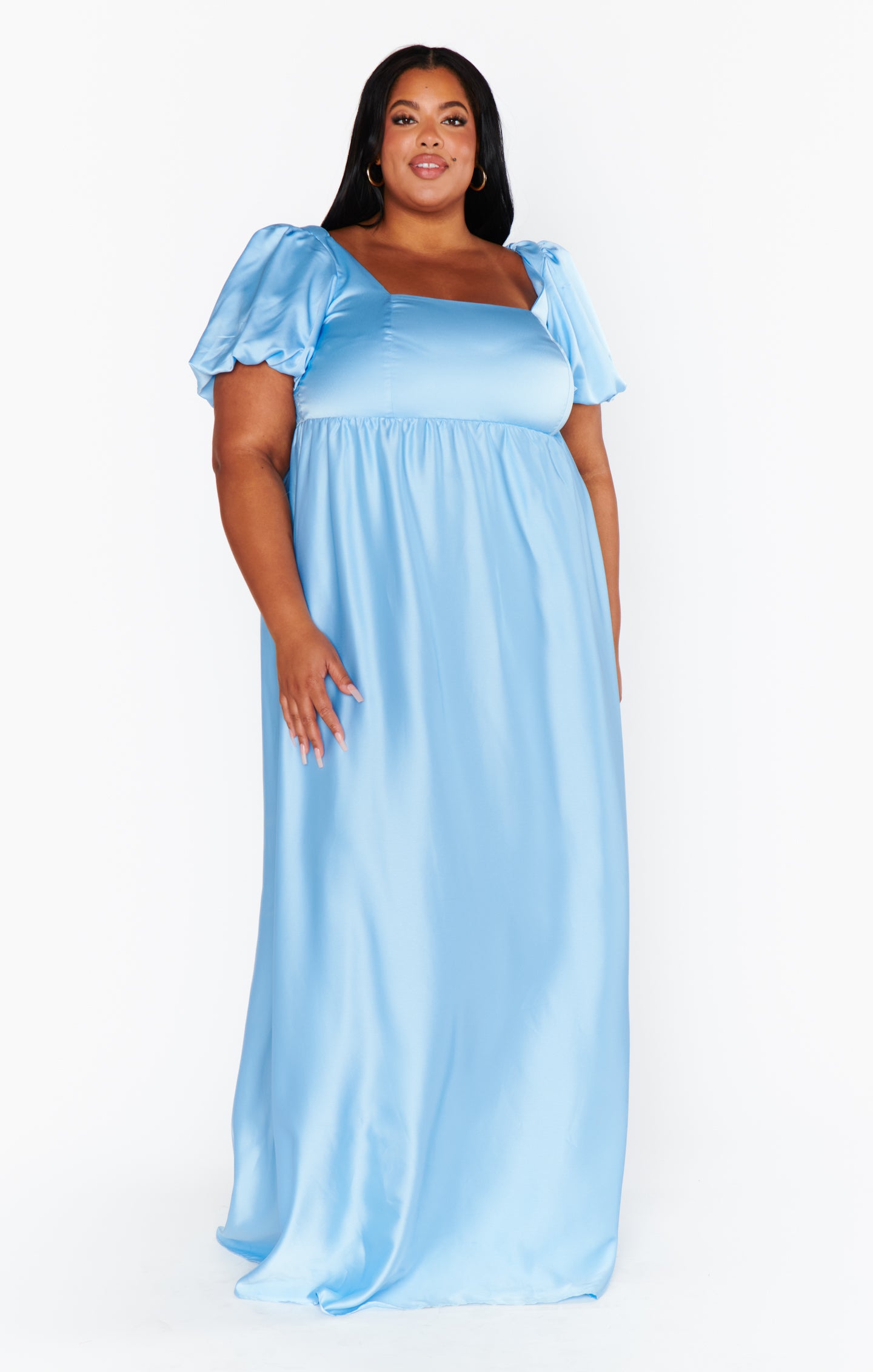 Baby Blue Satin Maxi Dress with Square Neckline & Smocked Back | Nora