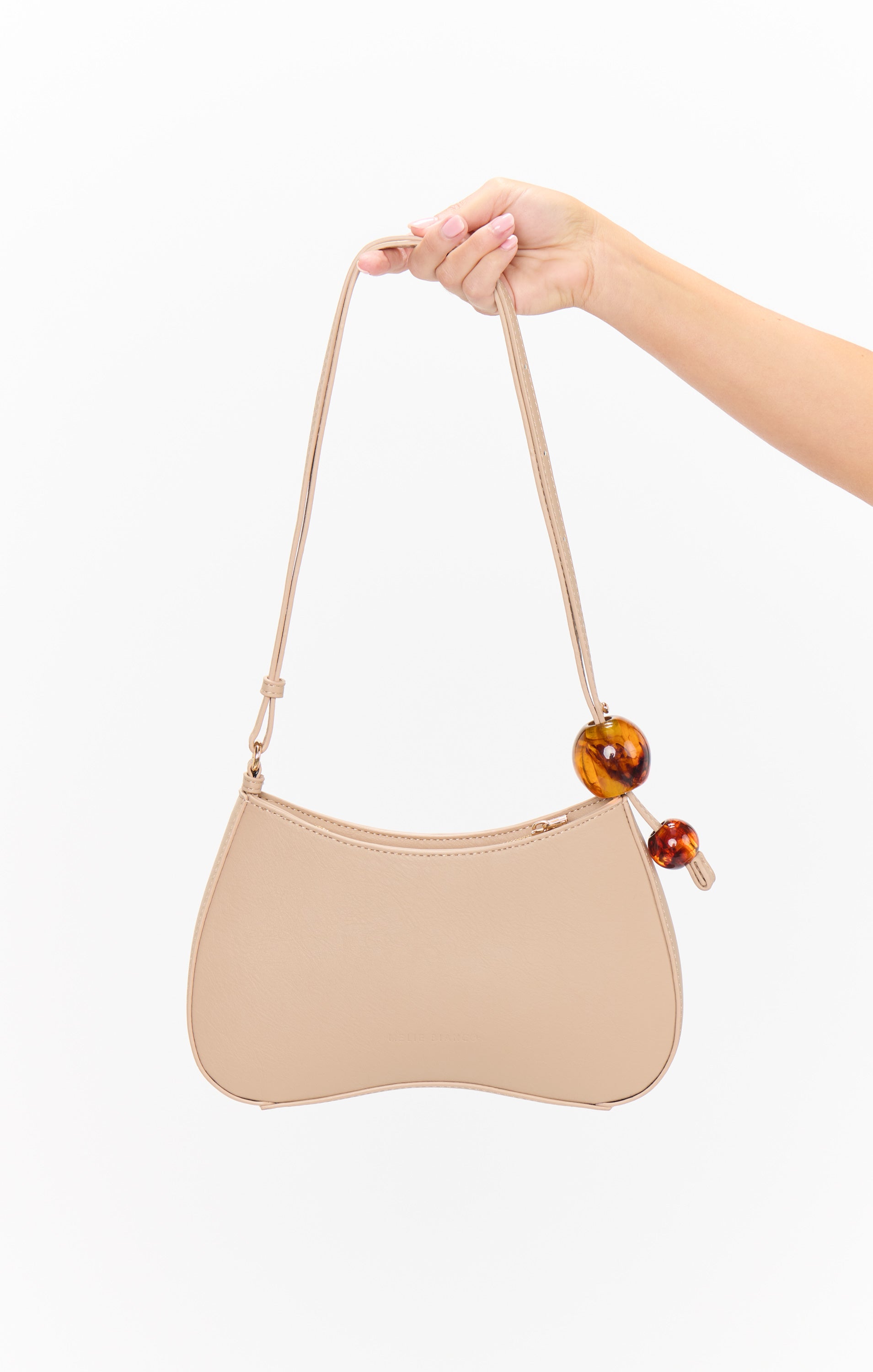 Textured Tan Shoulder Bag with Adjustable Strap & Bead Accents | Melie Bianco Pilar