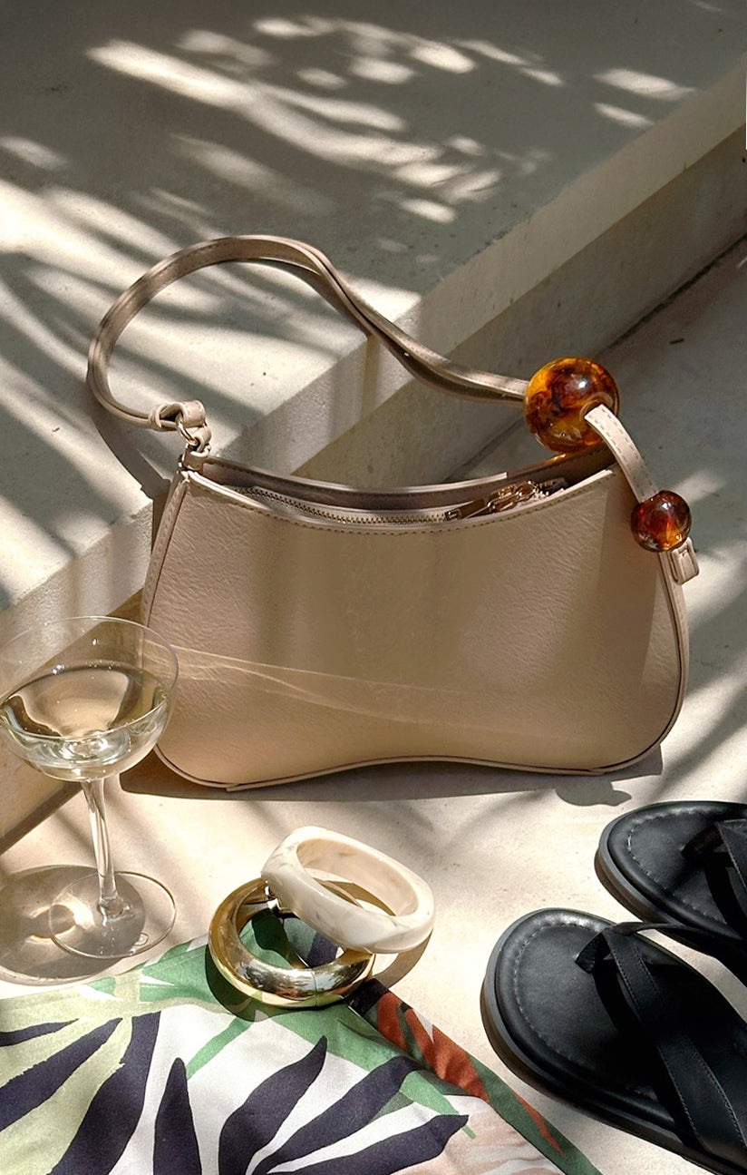 Textured Tan Shoulder Bag with Adjustable Strap & Bead Accents | Melie Bianco Pilar