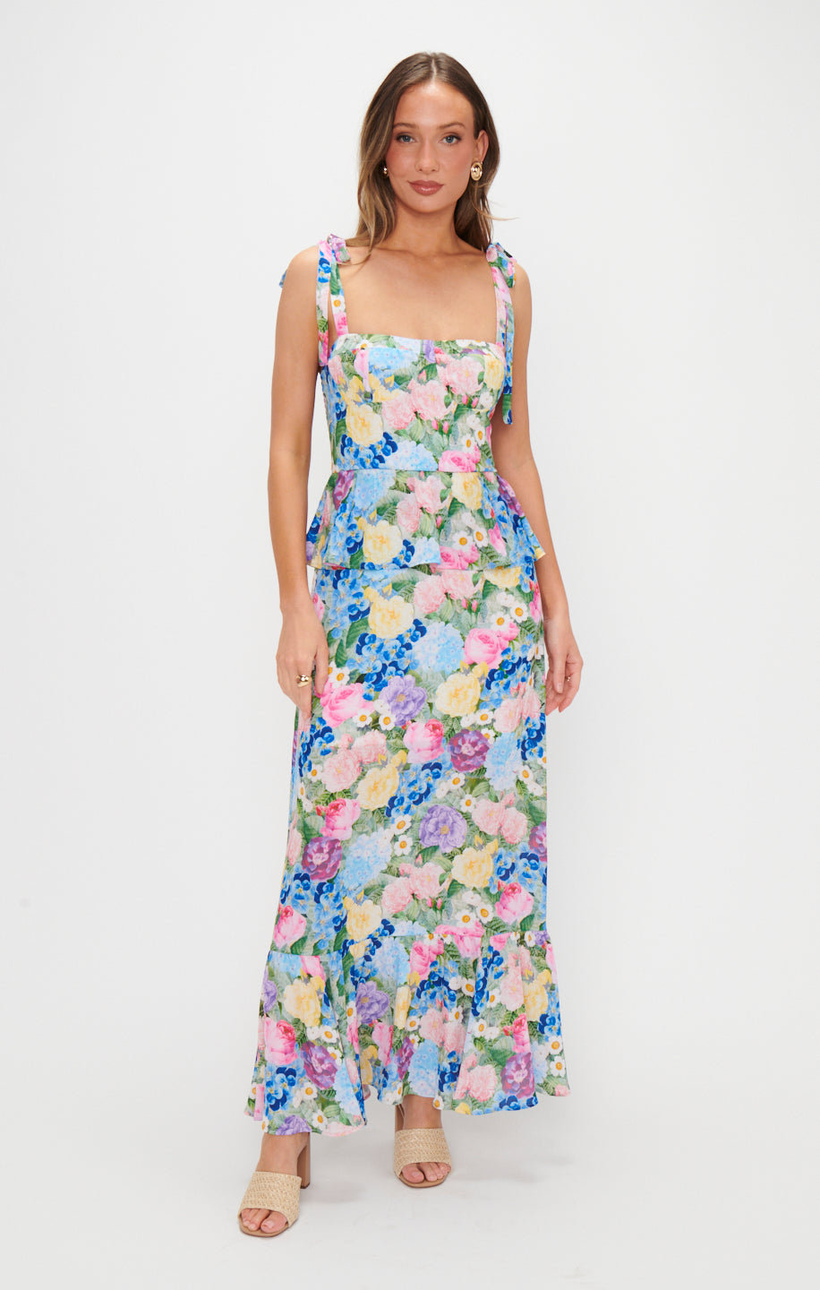 Floral Corset Midi Dress with Peplum Waist & Ruffled Hem | Paxton