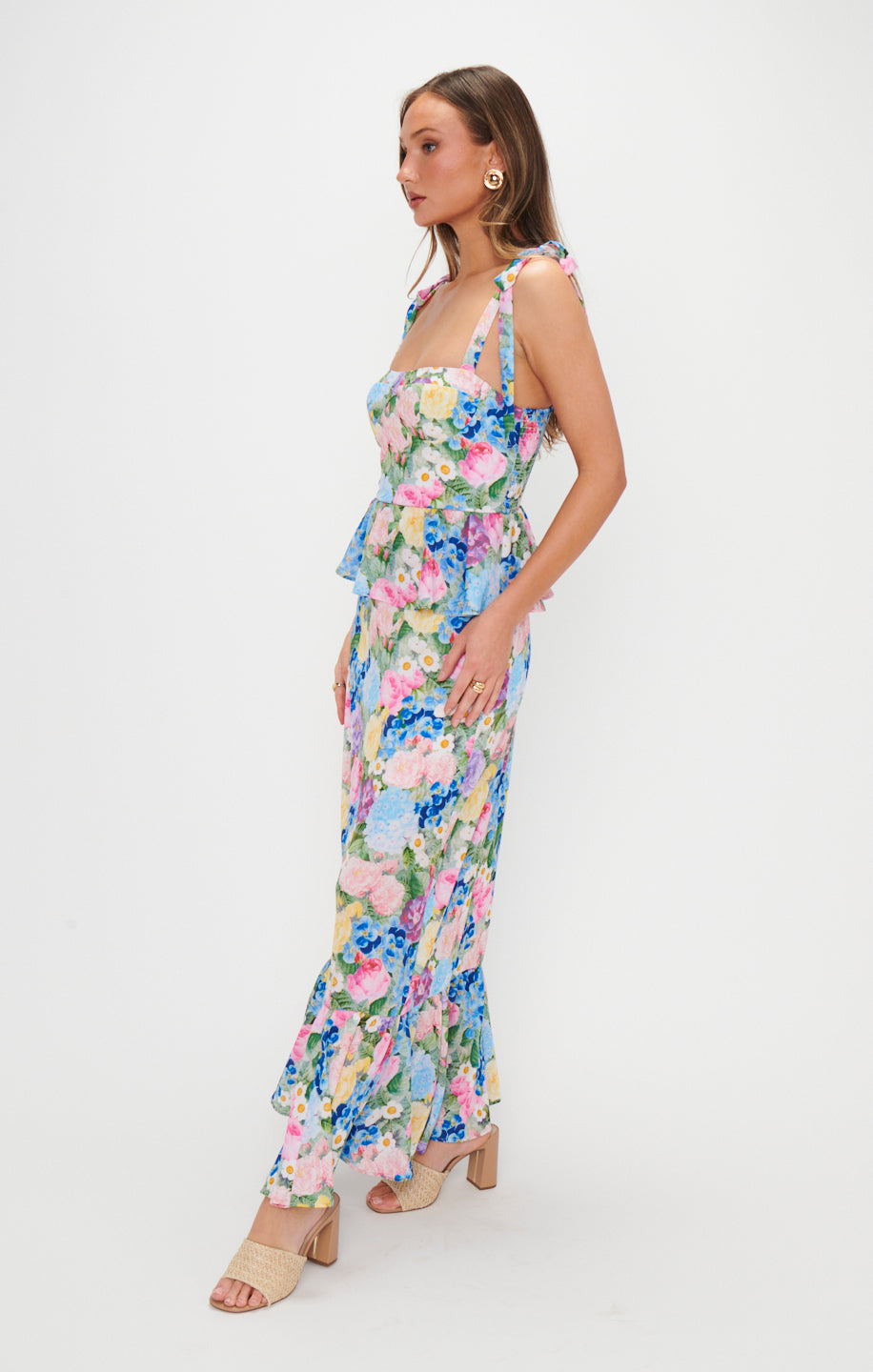 Floral Corset Midi Dress with Peplum Waist & Ruffled Hem | Paxton