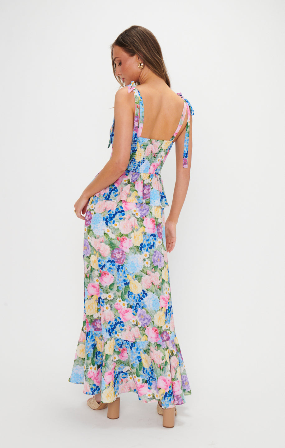 Floral Corset Midi Dress with Peplum Waist & Ruffled Hem | Paxton