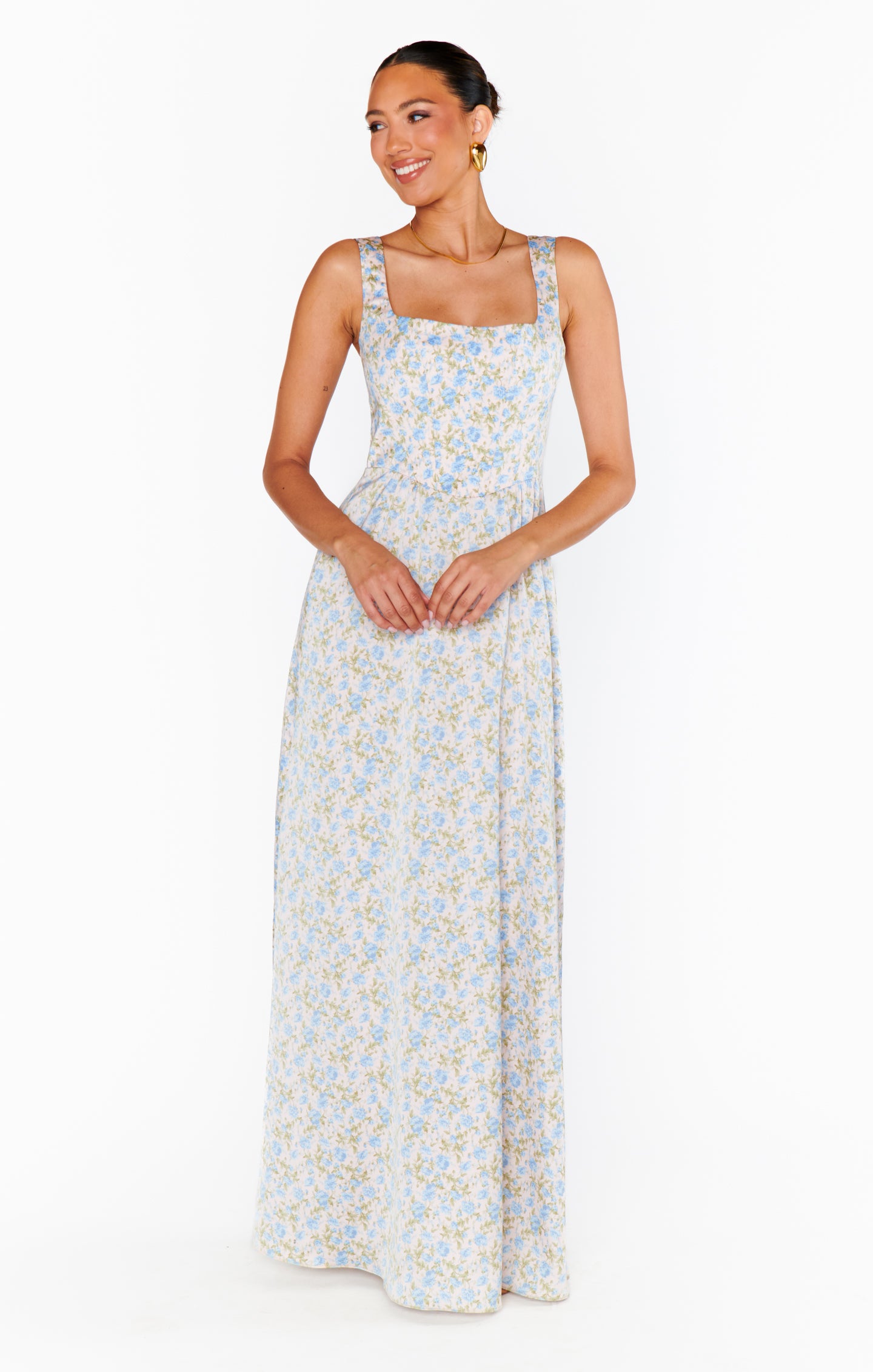 Elegant Satin Maxi Dress with Corset Bodice & Smocked Back | Nina