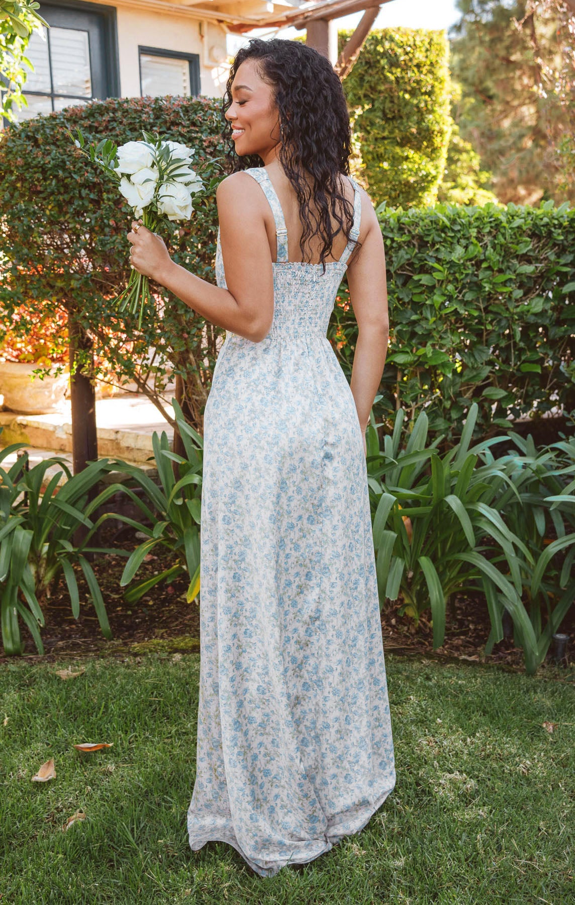 Elegant Satin Maxi Dress with Corset Bodice & Smocked Back | Nina