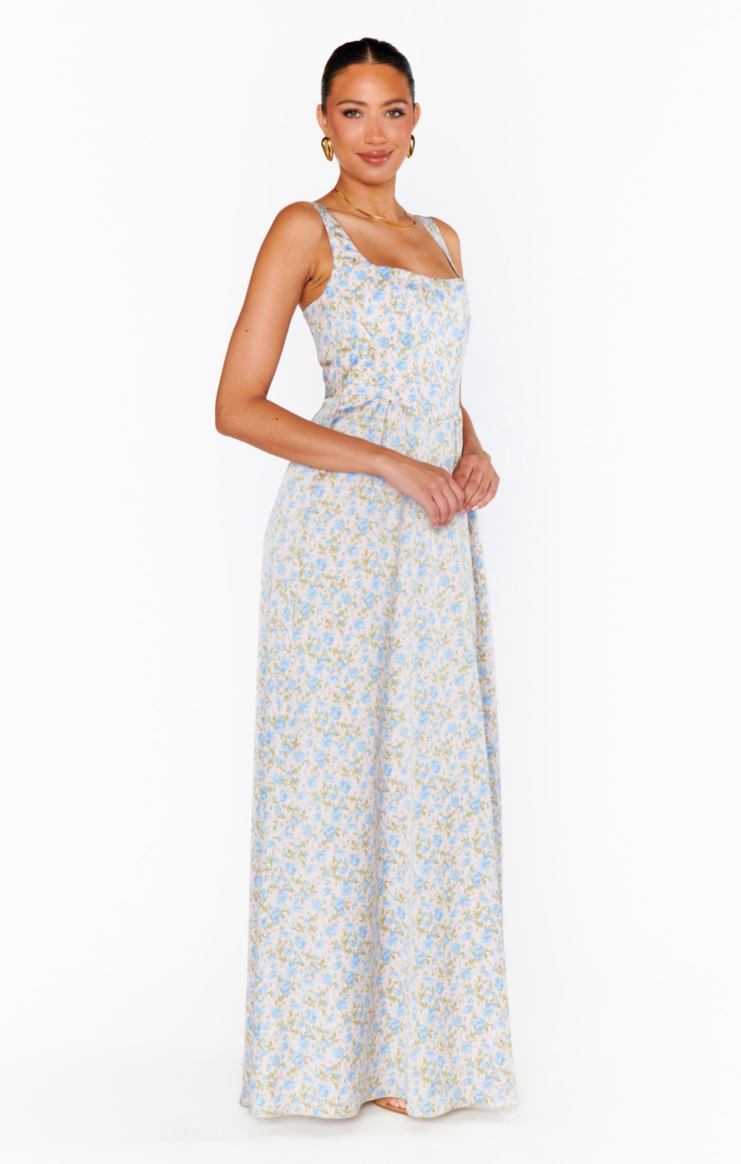 Elegant Satin Maxi Dress with Corset Bodice & Smocked Back | Nina