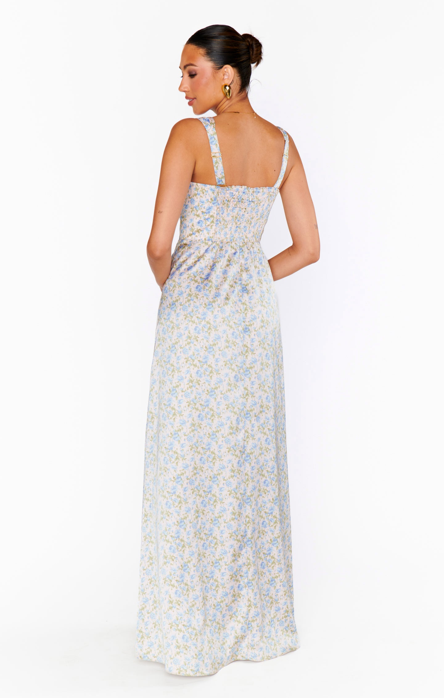 Elegant Satin Maxi Dress with Corset Bodice & Smocked Back | Nina