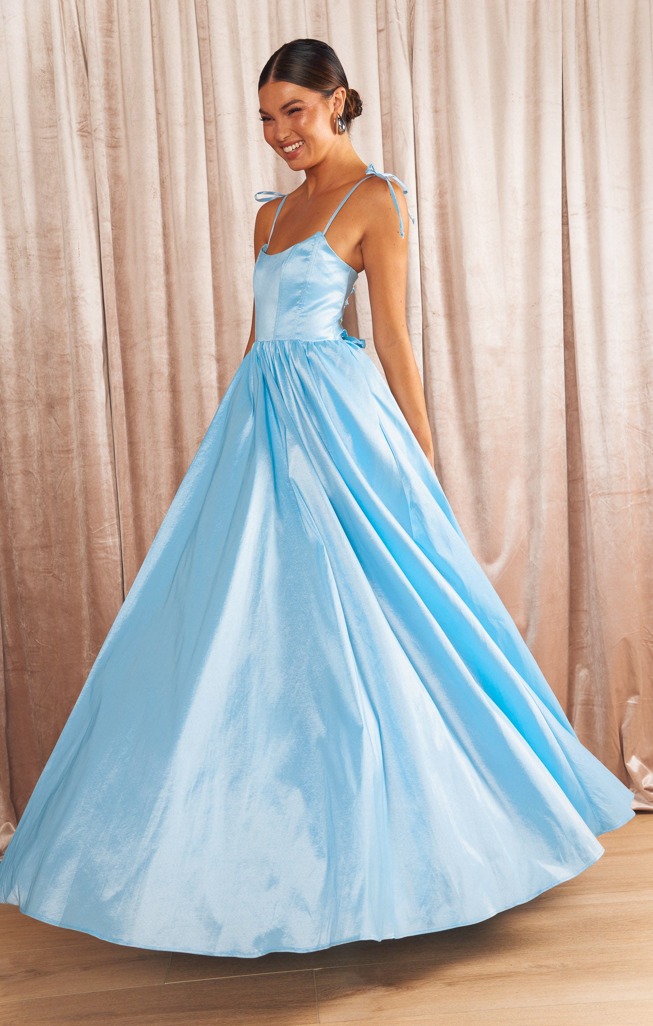 Light Blue Taffeta Maxi Dress with Corset Bodice & Side Slit | Juliet