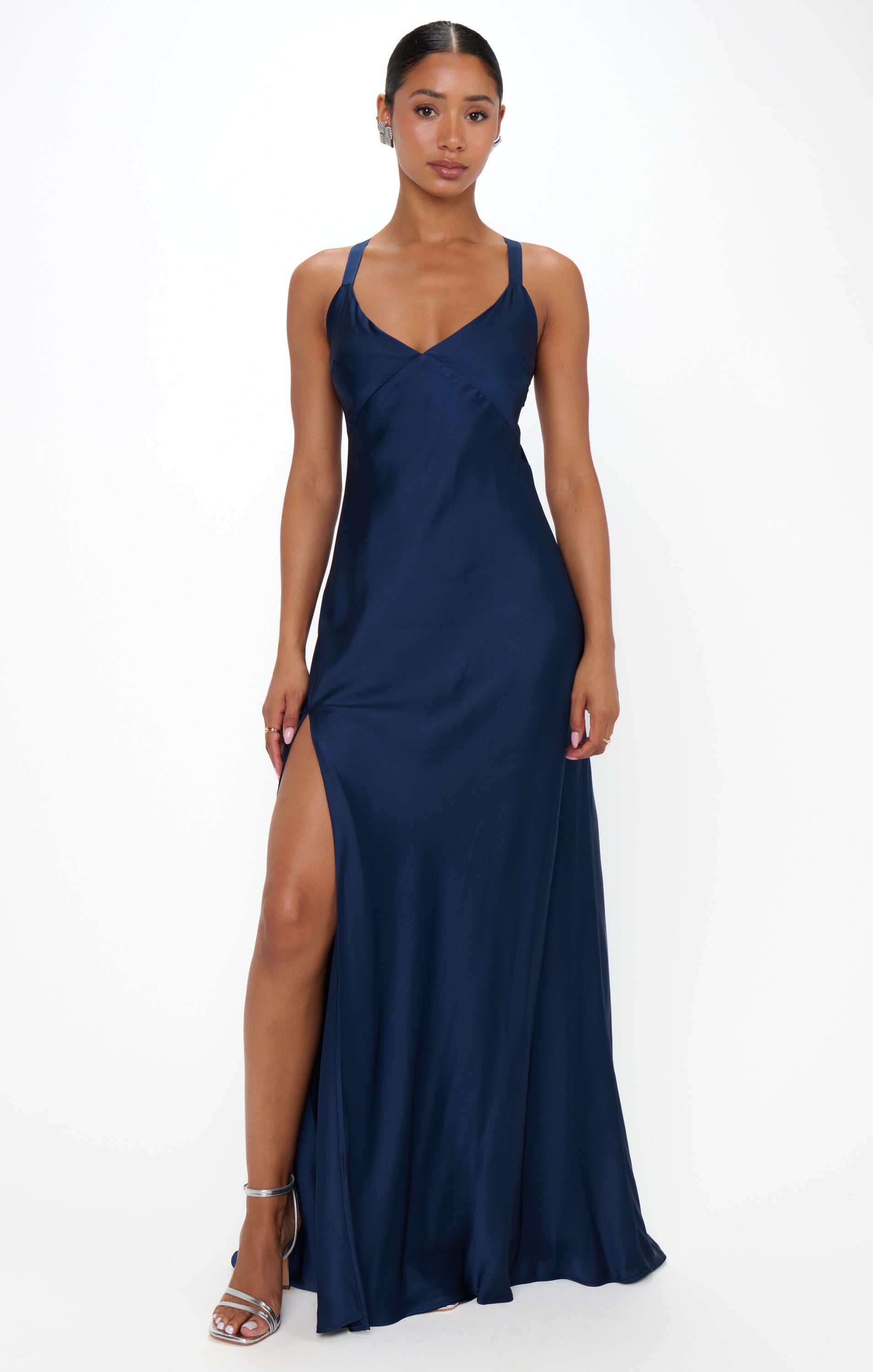 Luxe Satin Maxi Dress with Open Back & Criss Cross Ties | Anderson