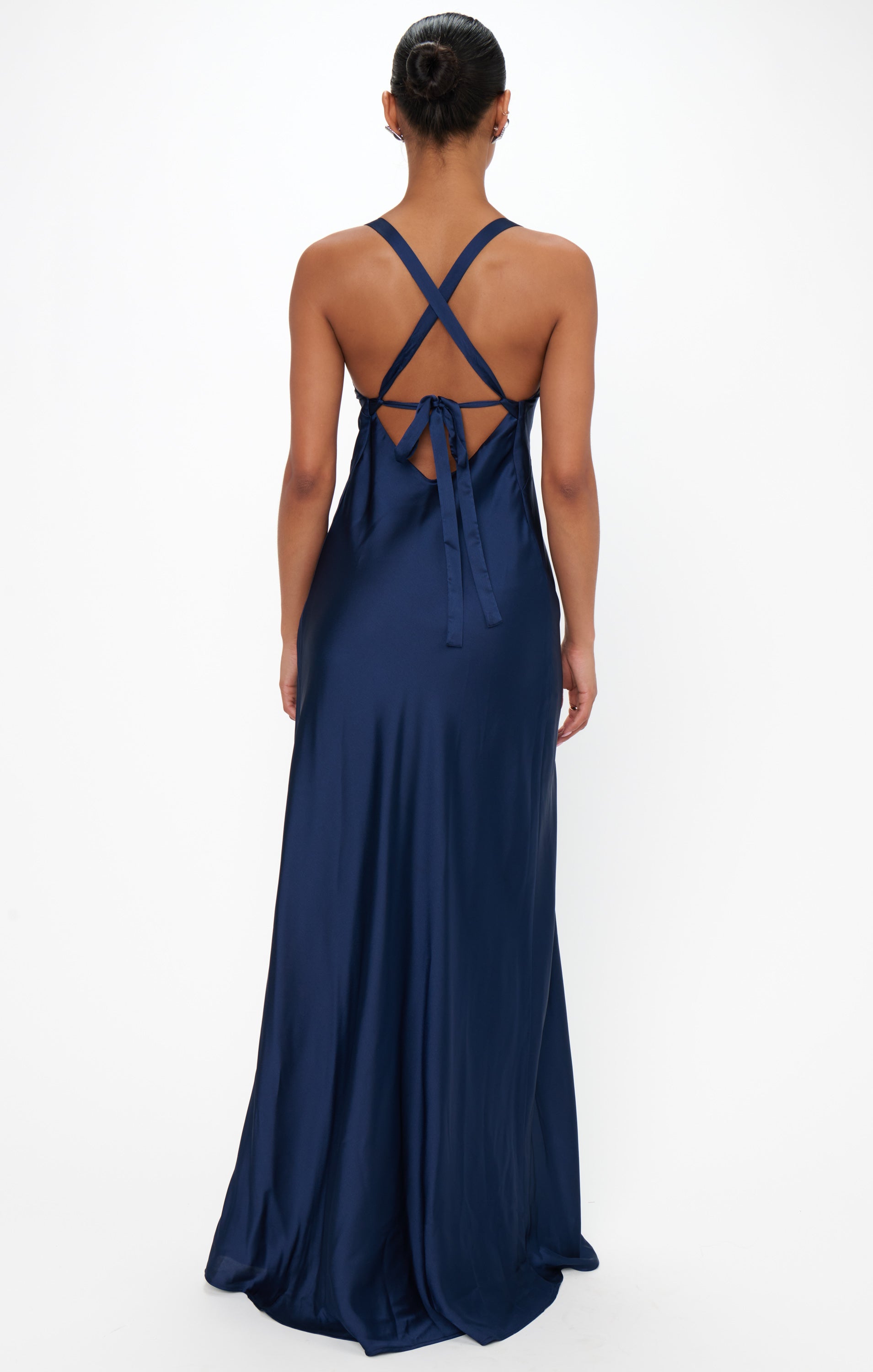 Luxe Satin Maxi Dress with Open Back & Criss Cross Ties | Anderson