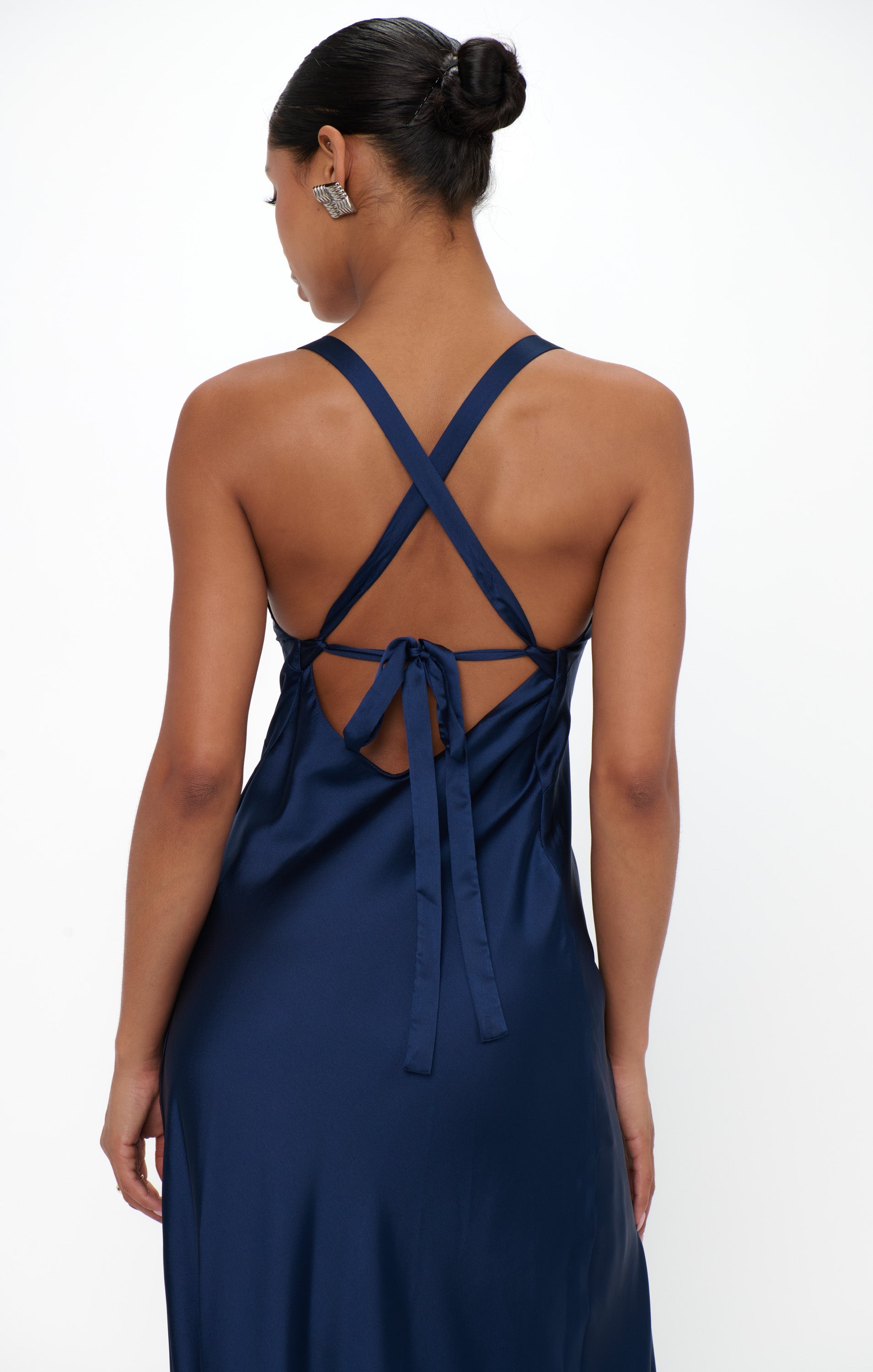 Luxe Satin Maxi Dress with Open Back & Criss Cross Ties | Anderson
