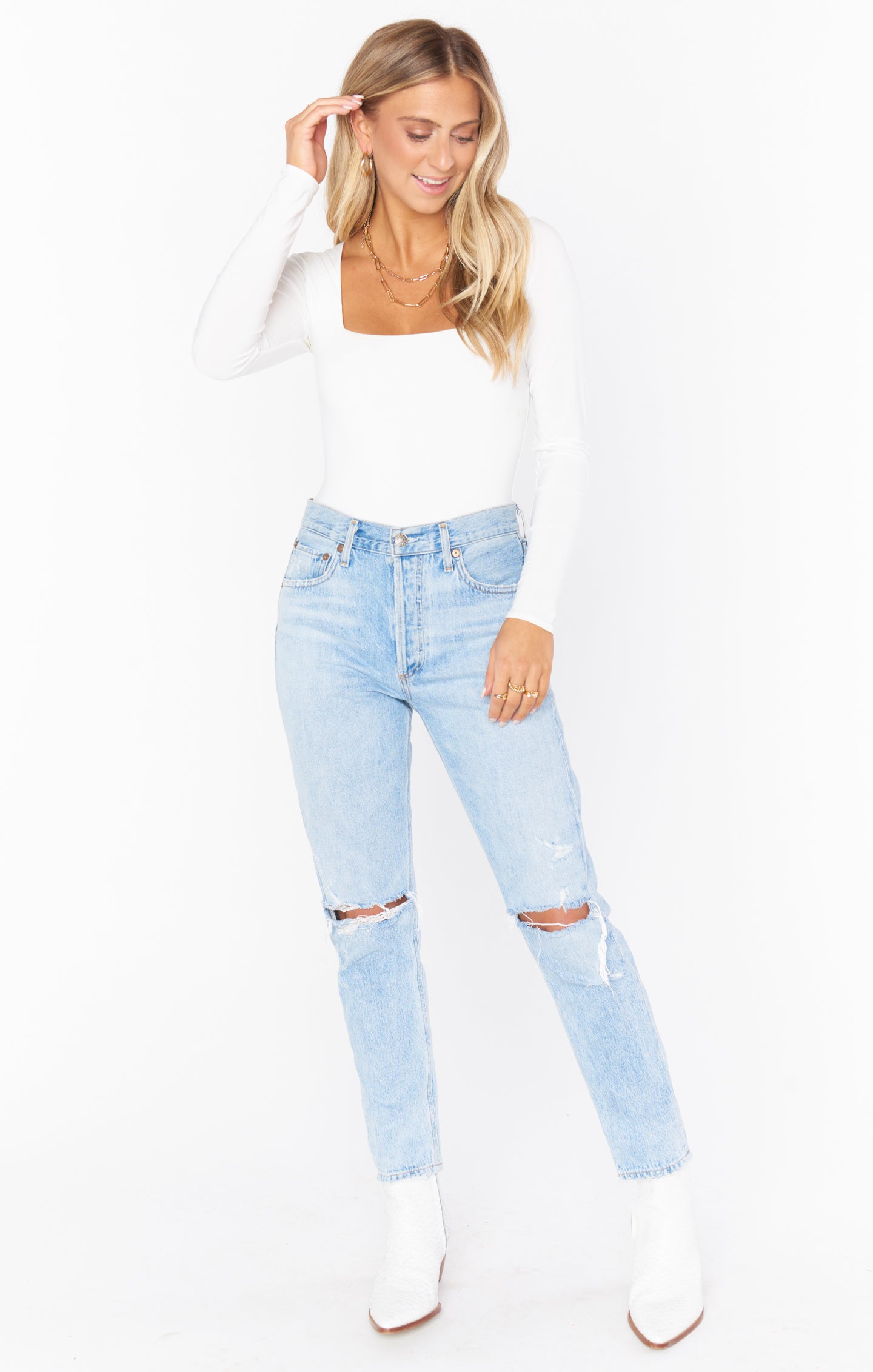 Square Neck Long Sleeve Bodysuit in Stretch Fabric | Unreal