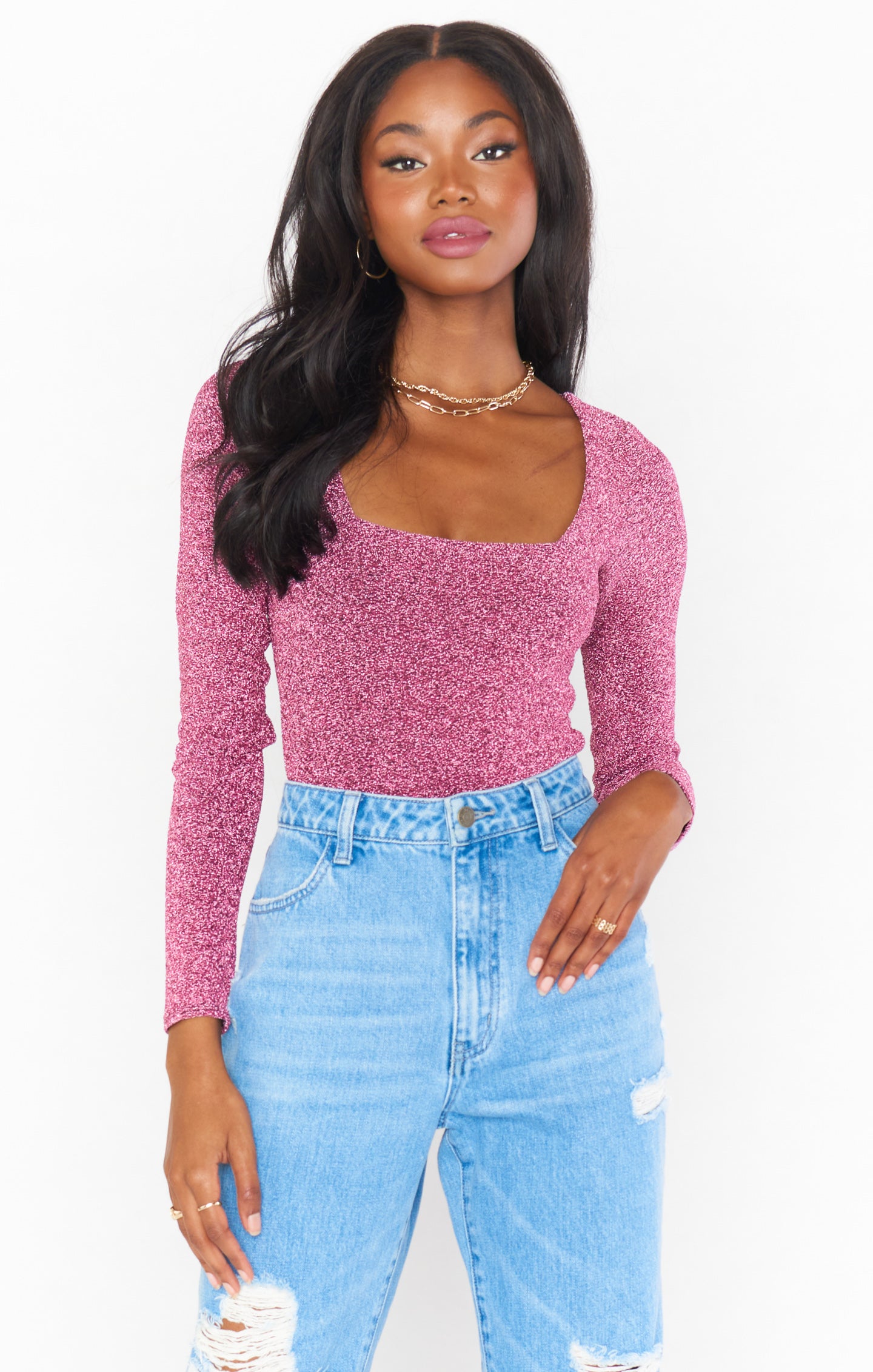 Sparkly Pink Bodysuit with Square Neck | Unreal Shimmy Shine