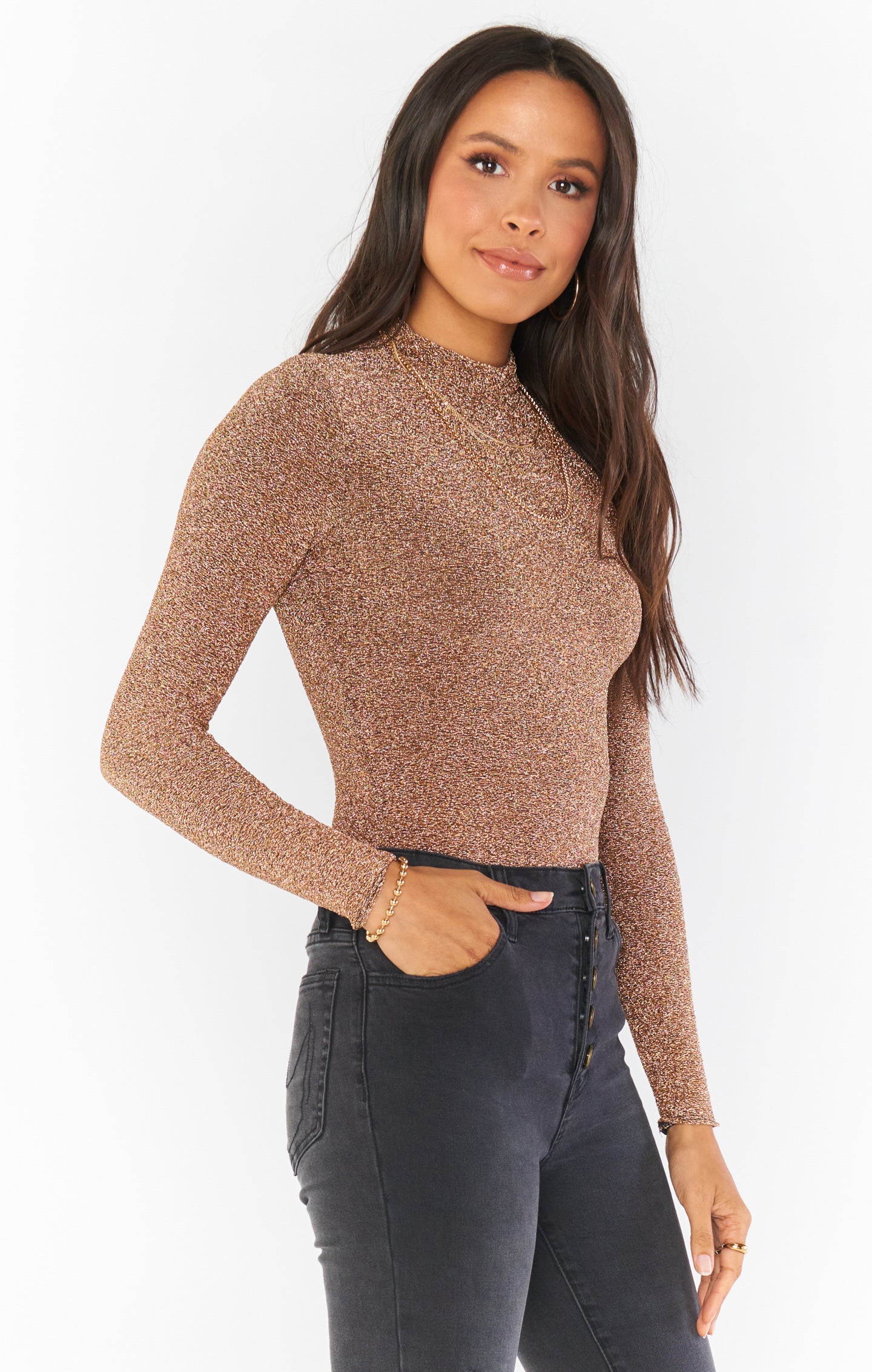 Gold Shimmy Shine Bodysuit for Women | Long Sleeve & High Neck
