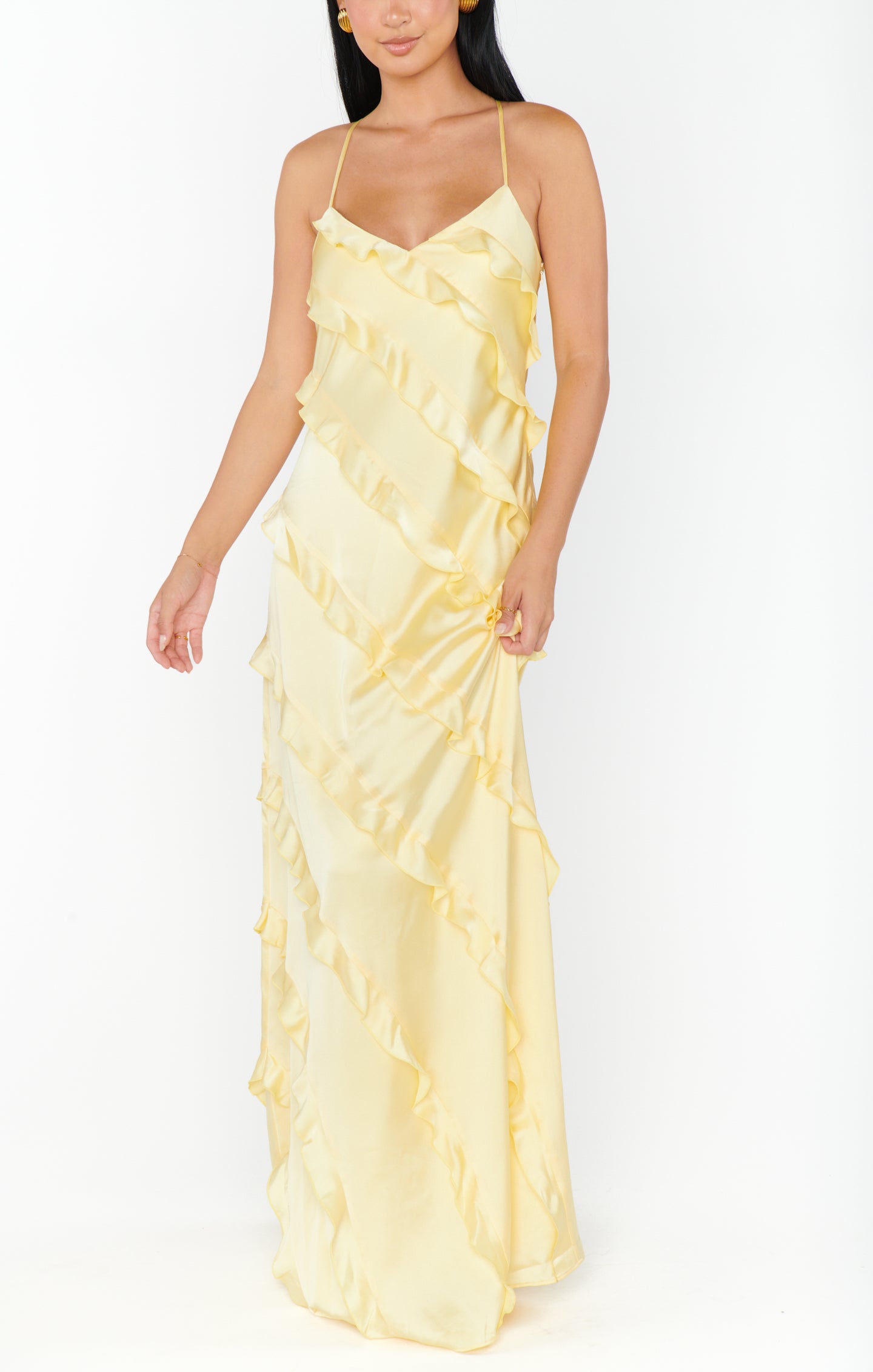 Floor Length Ruffle Satin Dress for Weddings & Formal Events | Romance
